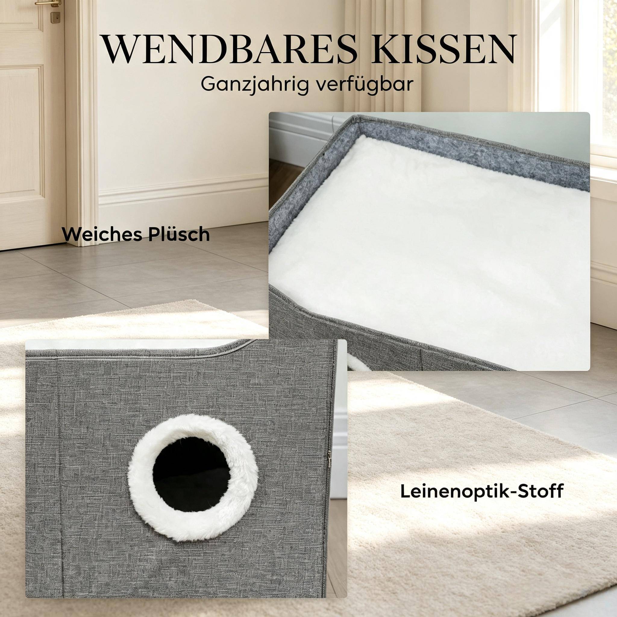 Grotte pliable pour chat d’intérieur, maison avec planche à griffer, lit surélevé, plusieurs entrées, jouet suspendu, coussin réversible - Image 6