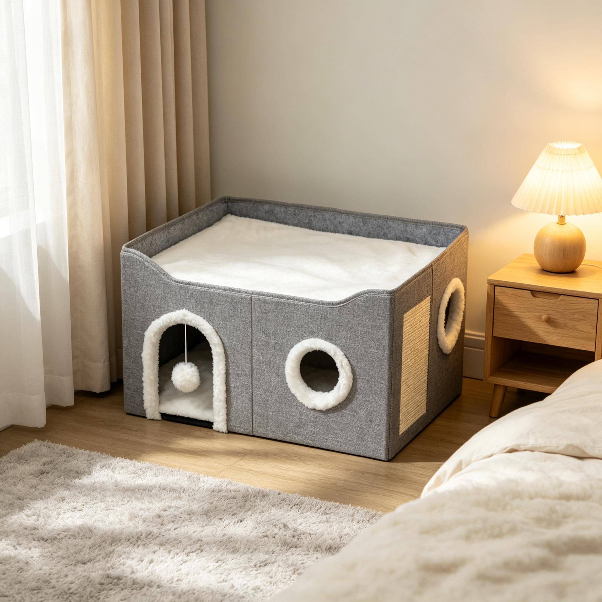 Grotte pliable pour chat d’intérieur, maison avec planche à griffer, lit surélevé, plusieurs entrées, jouet suspendu, coussin réversible - Image 1