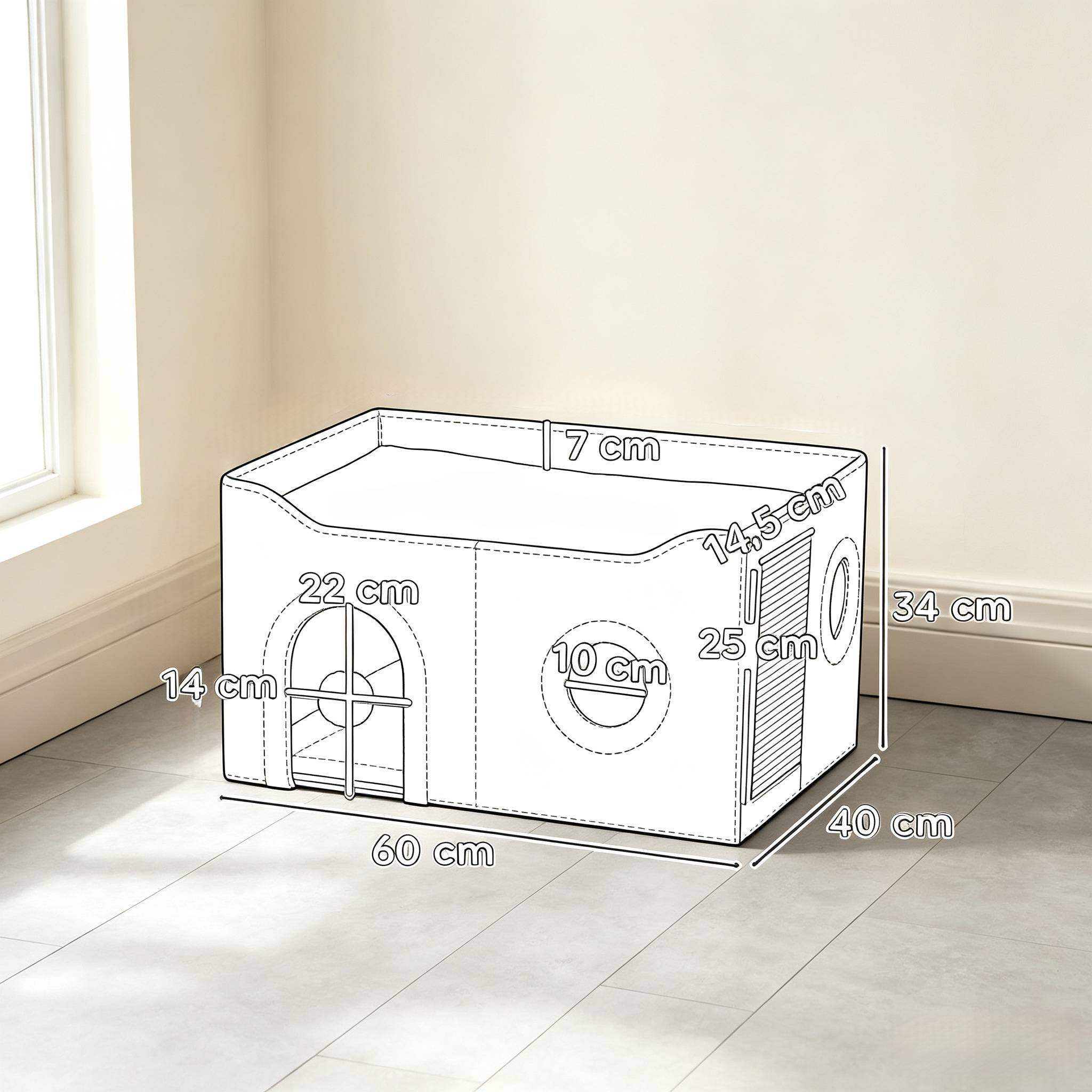 Grotte pliable pour chat d’intérieur, maison avec planche à griffer, lit surélevé, plusieurs entrées, jouet suspendu, coussin réversible - Image 7