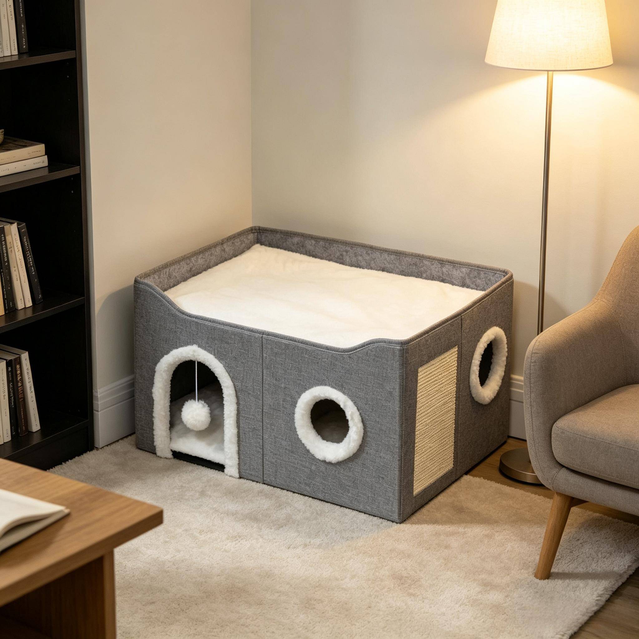 Grotte pliable pour chat d’intérieur, maison avec planche à griffer, lit surélevé, plusieurs entrées, jouet suspendu, coussin réversible - Image 8