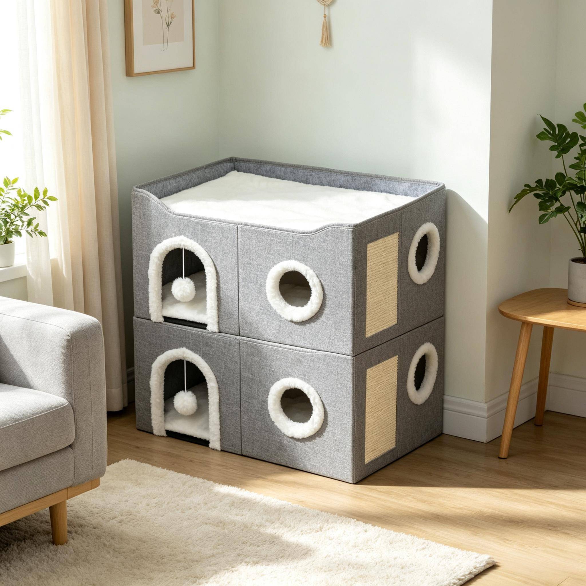 Grotte pliable pour chat d’intérieur, maison avec planche à griffer, lit surélevé, plusieurs entrées, jouet suspendu, coussin réversible - Image 2