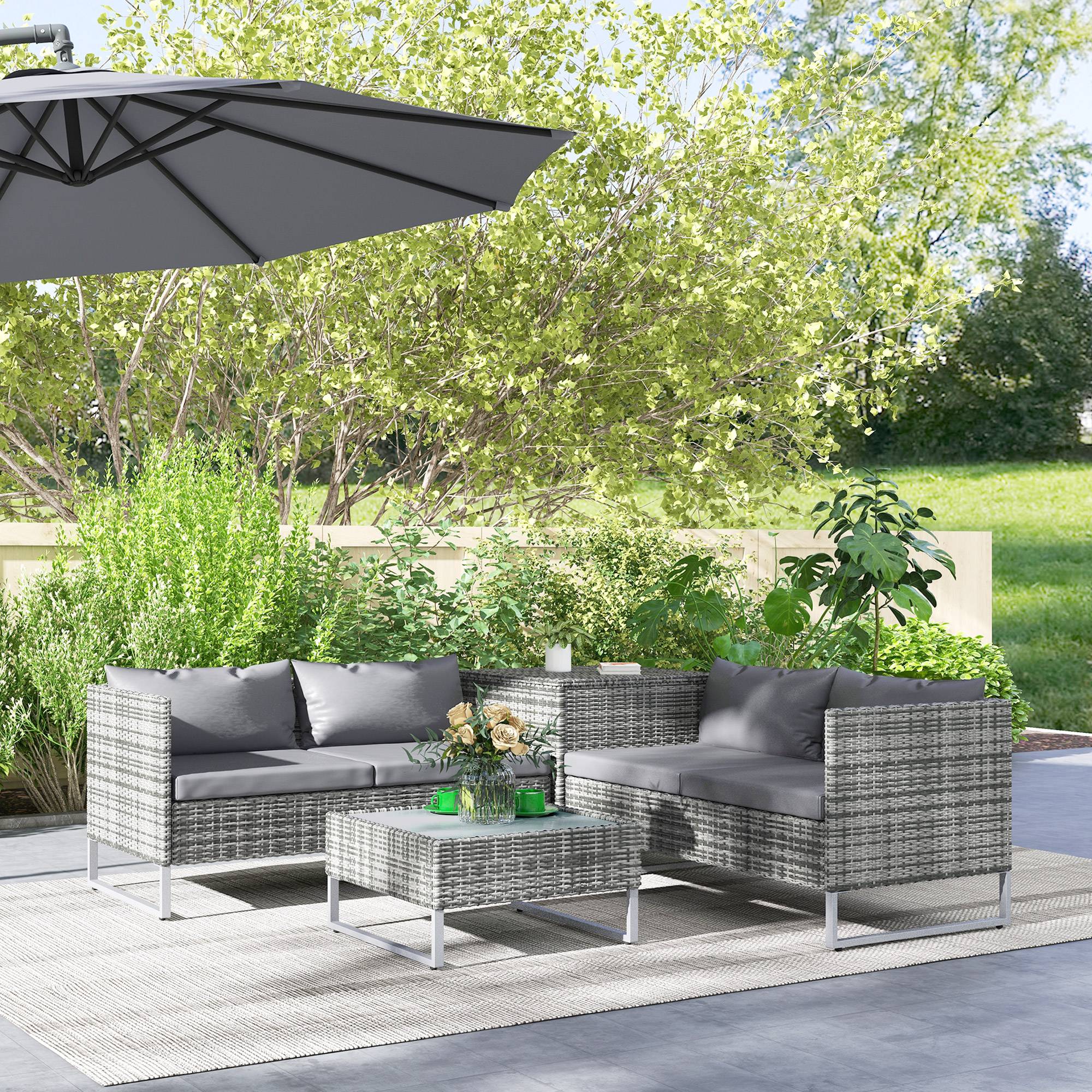 Ensemble jardin 4 pcs, 2 canapés 2 places, table basse et table haute, acier et rotin - Image 3