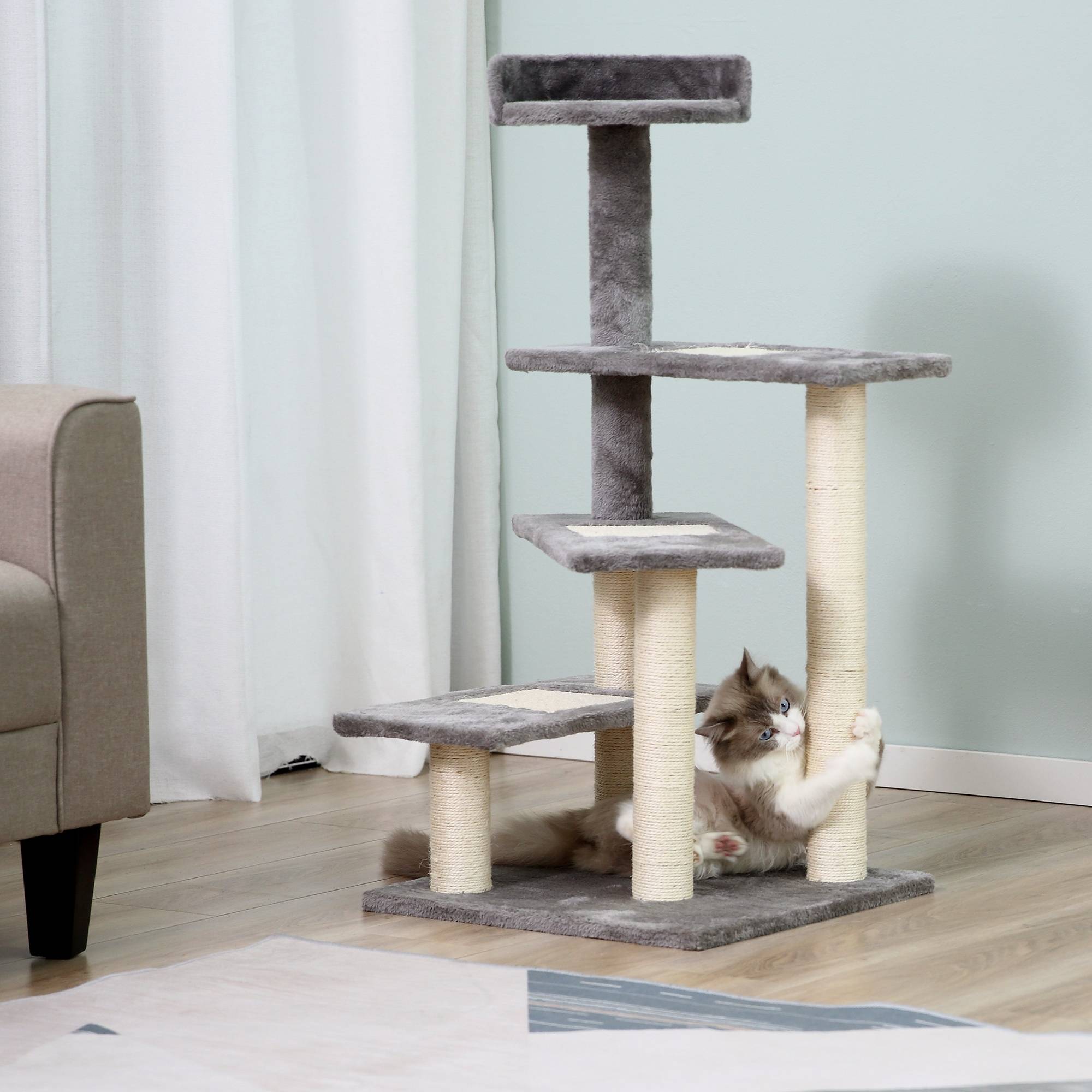Arbre à chat PawHut 100 cm, poteaux sisal, grande plateforme, griffoir multi niveaux, petits chats - Image 3