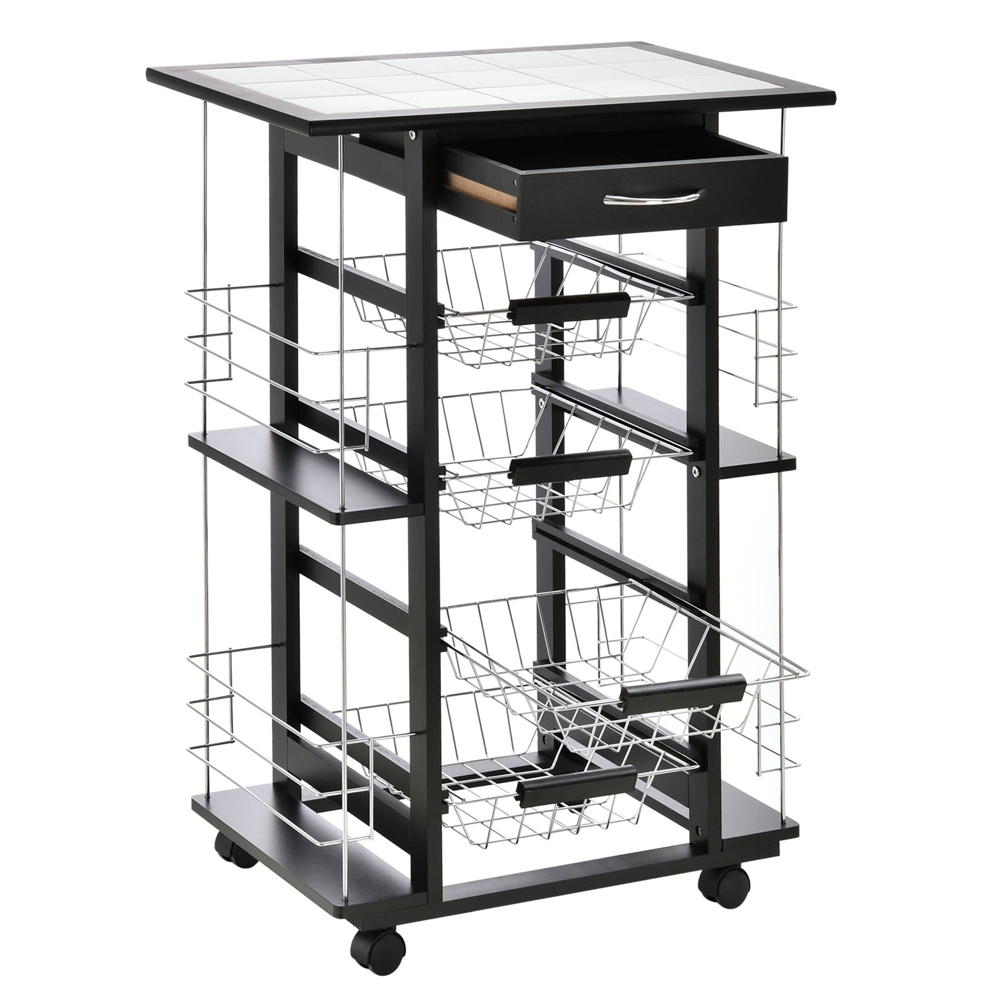 Chariot de service desserte de cuisine à roulettes multi-rangements 4 paniers métal tiroir + 4 range-bouteilles bois pin noir plateau carrelé blanc - Image 2