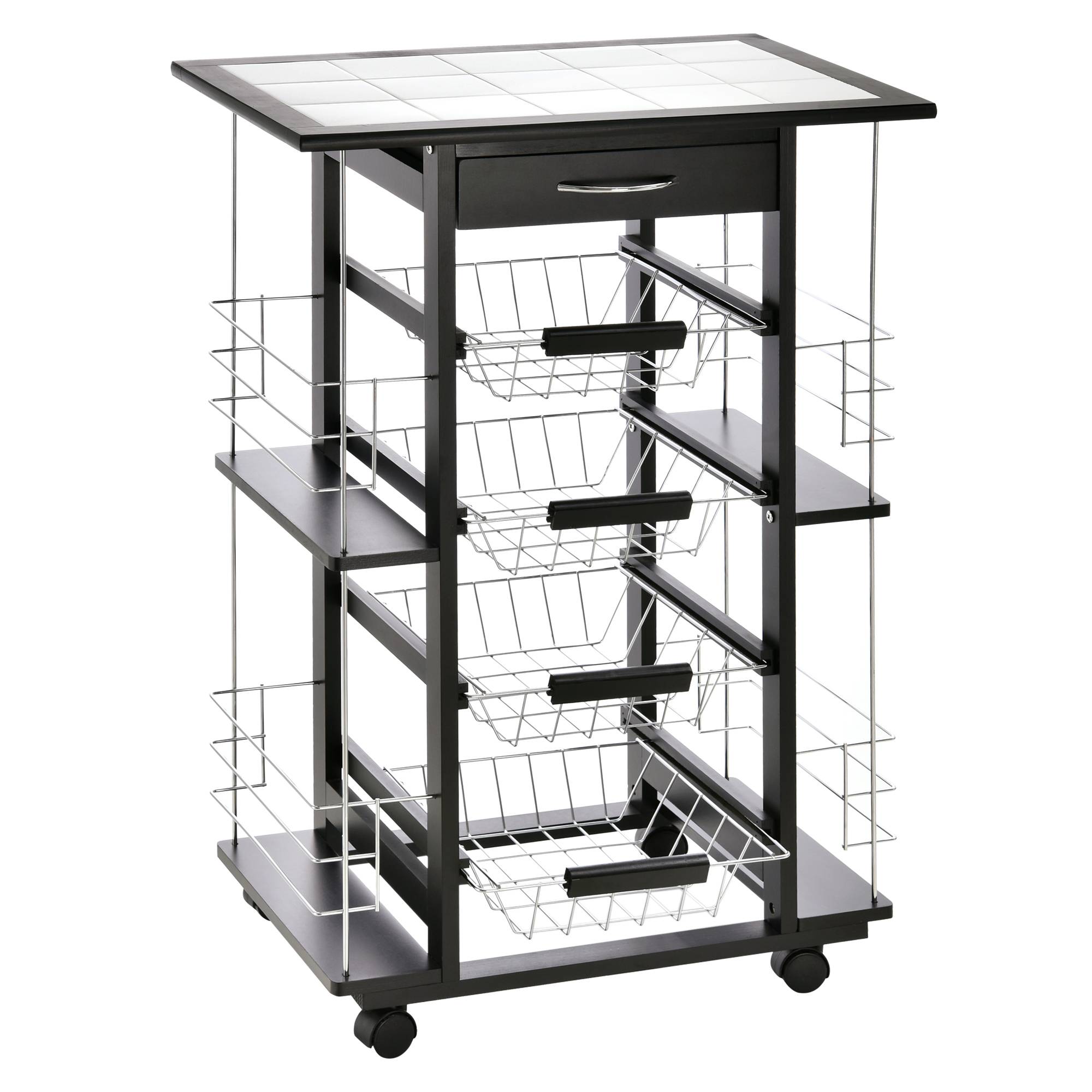 Chariot de service desserte de cuisine à roulettes multi-rangements 4 paniers métal tiroir + 4 range-bouteilles bois pin noir plateau carrelé blanc - Image 1
