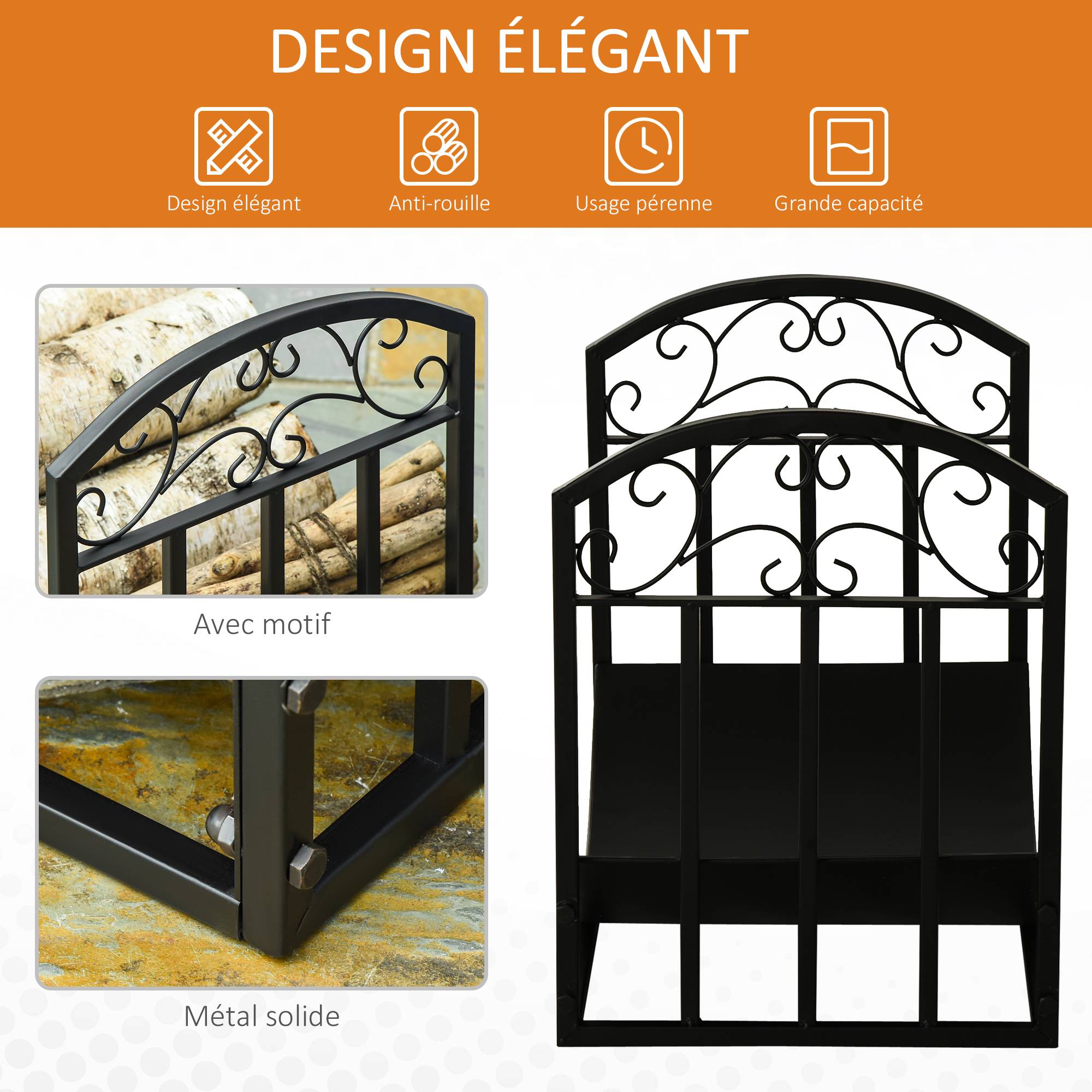 ComfortXL - Porte-bûches de cheminée en métal noir style fer forgé 60,5 x 36 x 46,5 cm pour salon ou terrasse 60 kg - Image 4