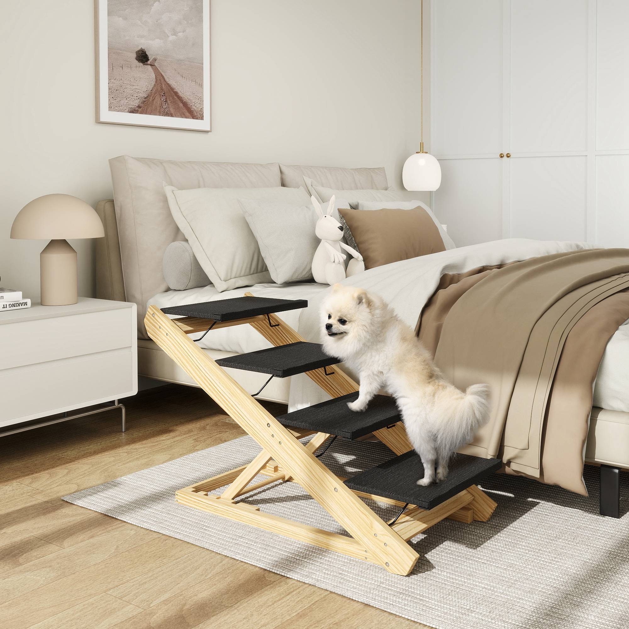 Escalier chien, rampe, réglable en hauteur, antidérapante, pliable, 83x40x62,5cm, bois/blanc - Image 4