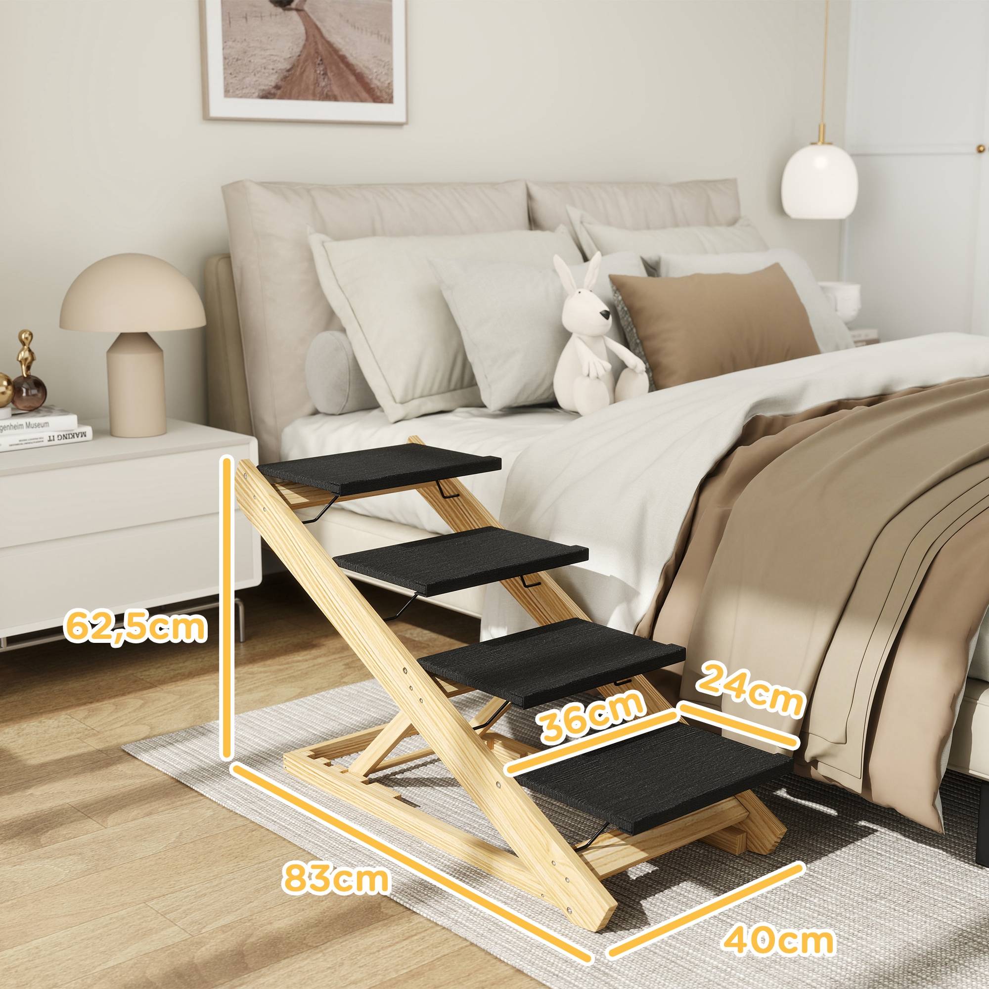 Escalier chien, rampe, réglable en hauteur, antidérapante, pliable, 83x40x62,5cm, bois/blanc - Image 5