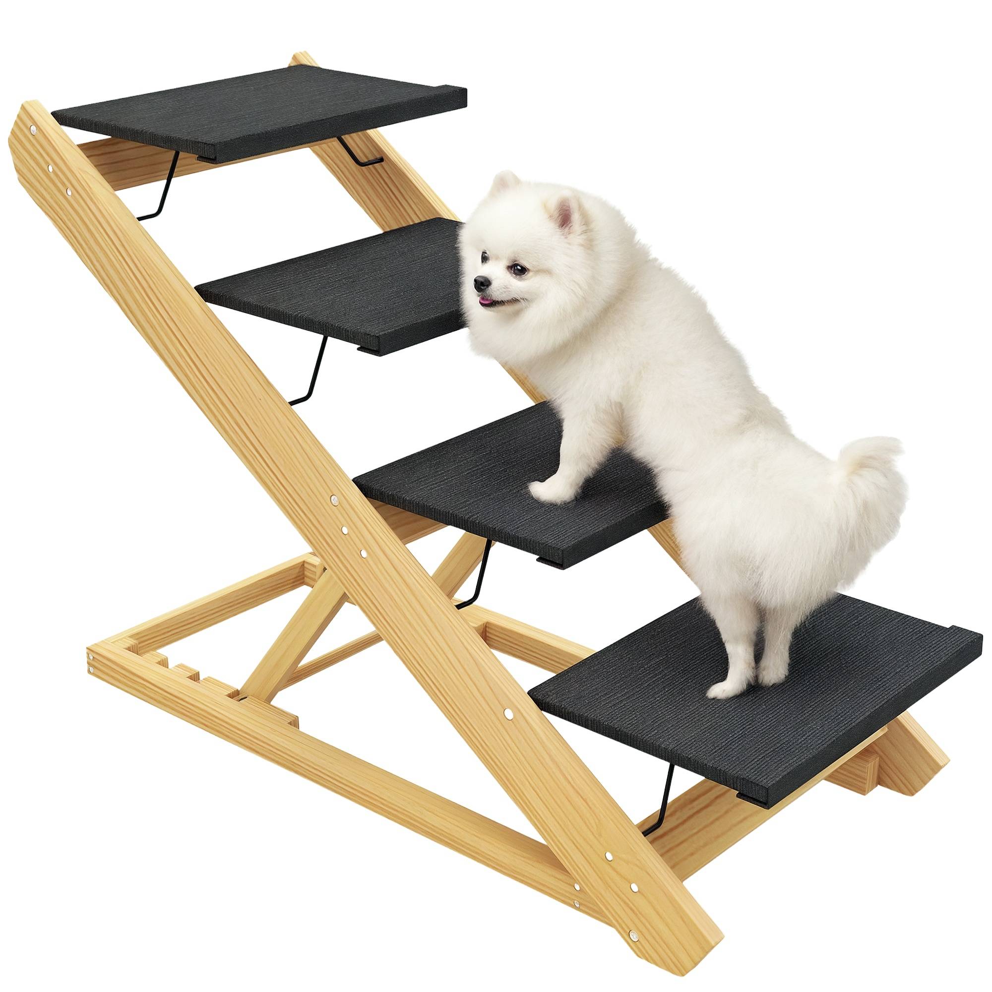 Escalier chien, rampe, réglable en hauteur, antidérapante, pliable, 83x40x62,5cm, bois/blanc - Image 1