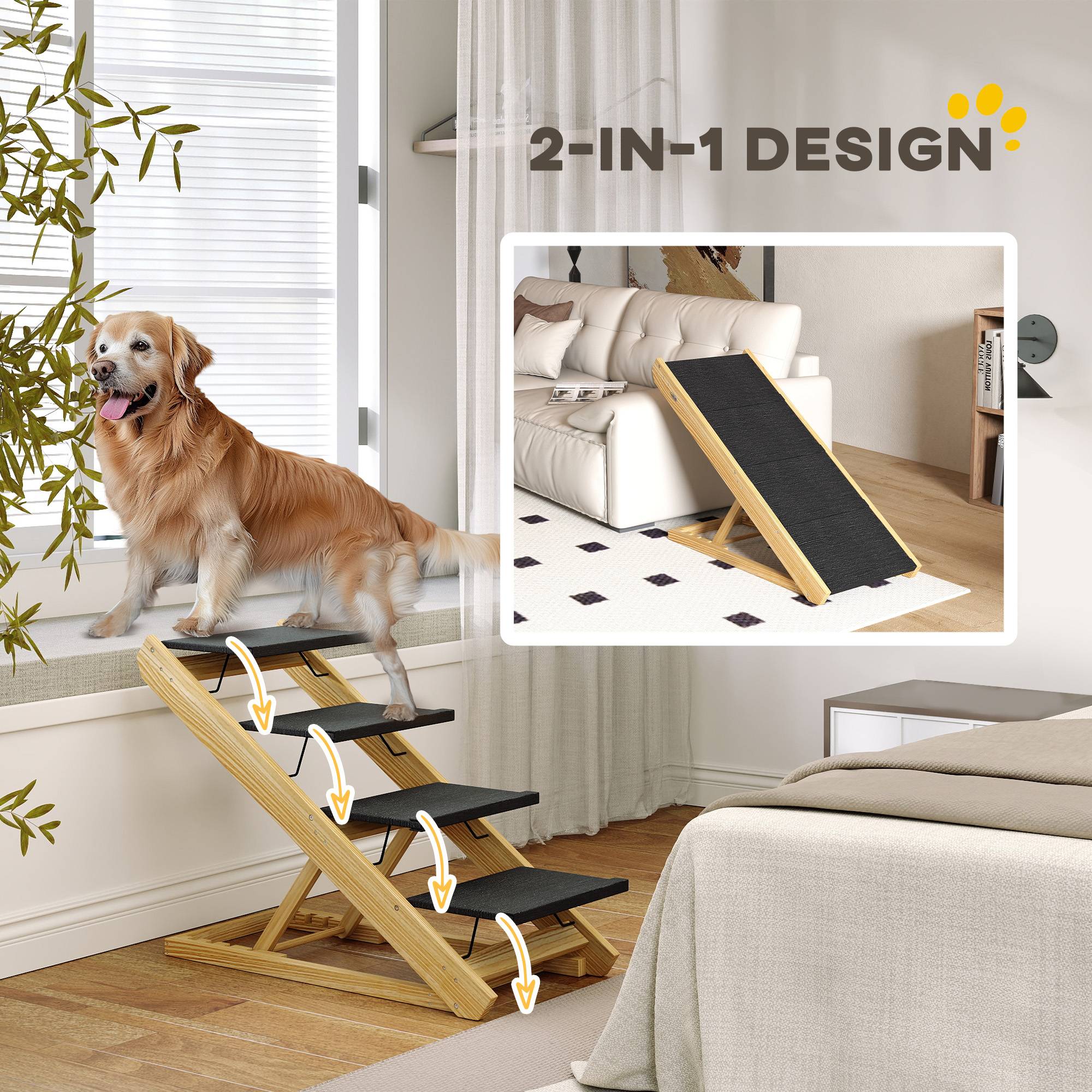 Escalier chien, rampe, réglable en hauteur, antidérapante, pliable, 83x40x62,5cm, bois/blanc - Image 7