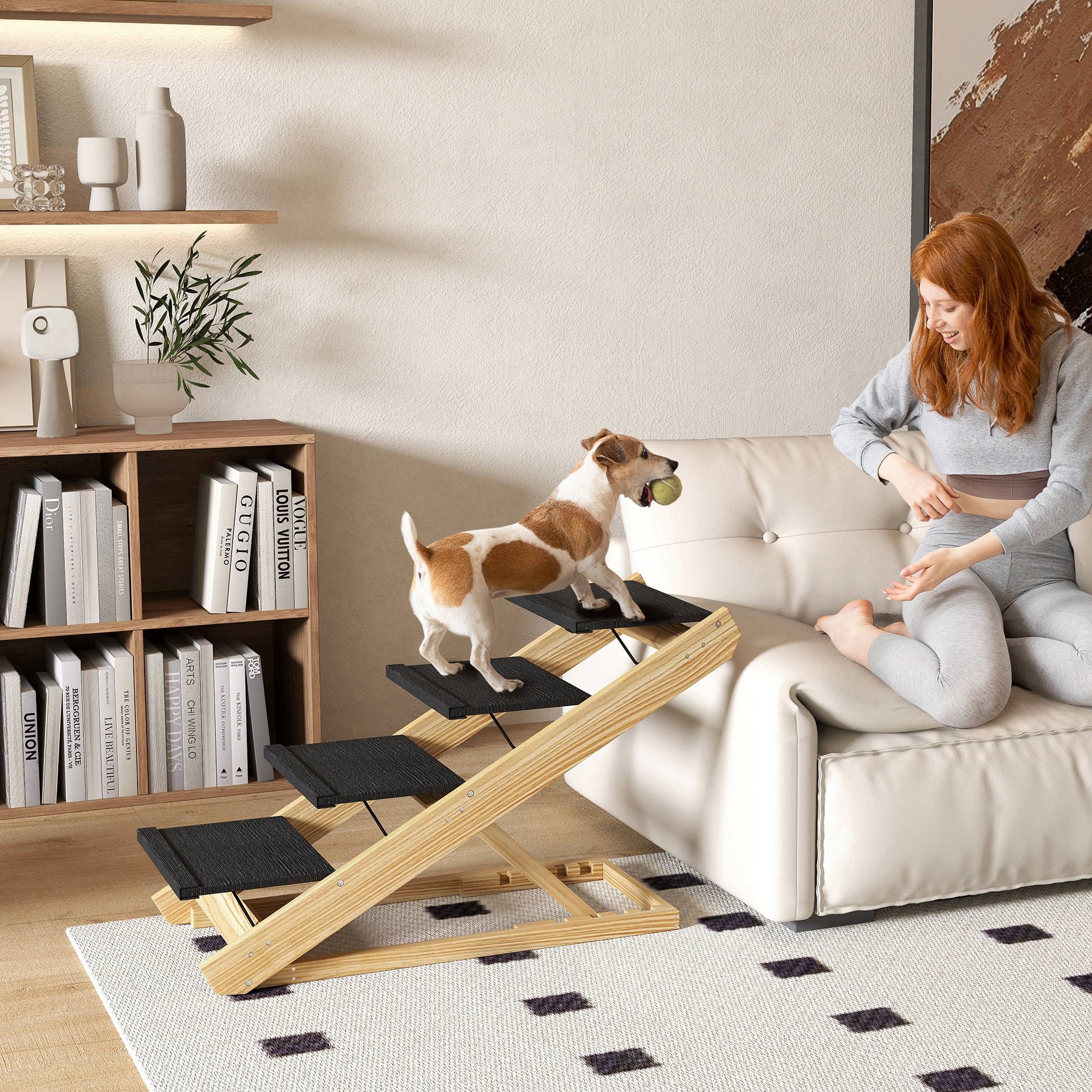 Escalier chien, rampe, réglable en hauteur, antidérapante, pliable, 83x40x62,5cm, bois/blanc - Image 3