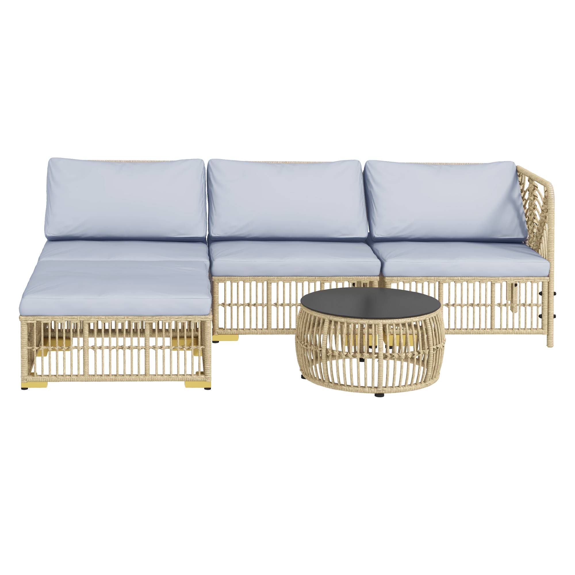 ComfortXL - Salon de jardin 5 pièces en résine tressée beige gris 4 places avec coussins table ronde pour terrasse - Image 10