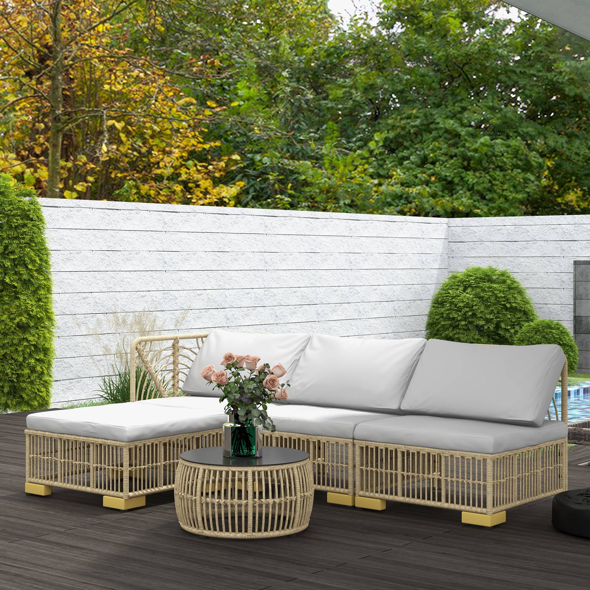 ComfortXL - Salon de jardin 5 pièces en résine tressée beige gris 4 places avec coussins table ronde pour terrasse - Image 9