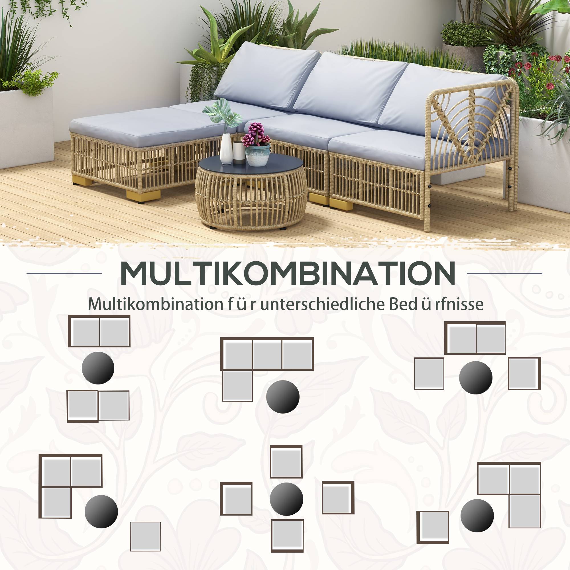 ComfortXL - Salon de jardin 5 pièces en résine tressée beige gris 4 places avec coussins table ronde pour terrasse - Image 6