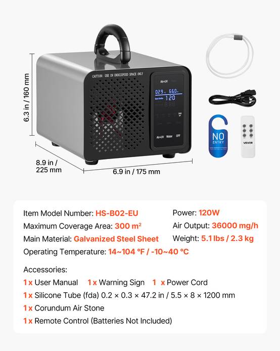 VEVOR Générateur d'Ozone Purificateur d'Air 36000 mg/h Écran Tactile Max. 300 ㎡ - Image 7