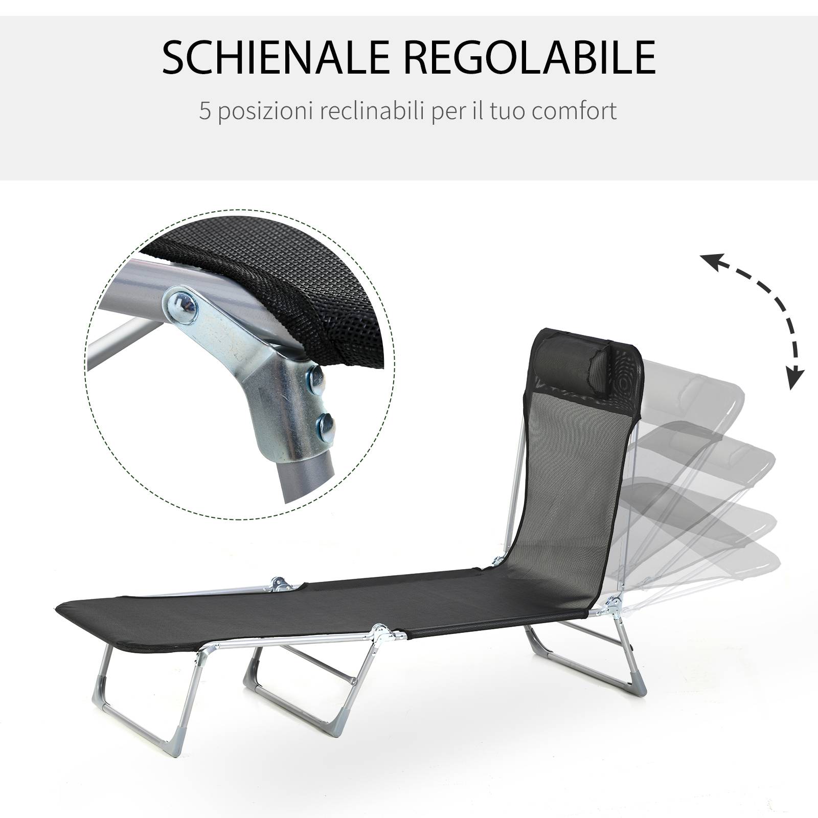 Transat jardin pliable dossier inclinable et coussin, métal et textilène, 182x56x28 cm, noir - Image 6