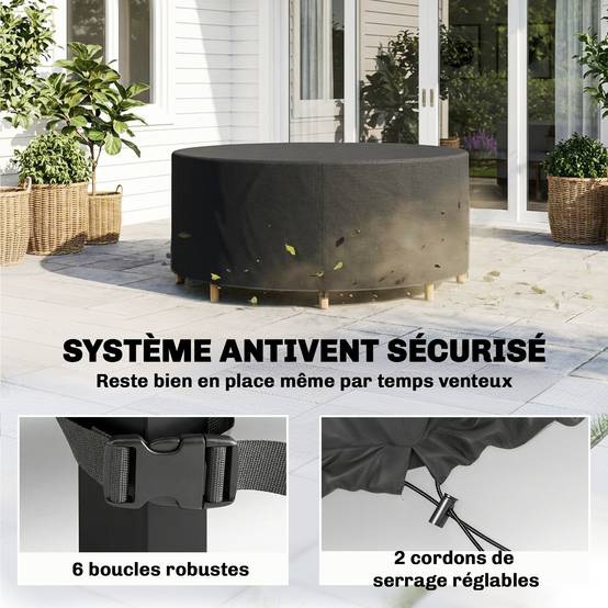 Housse de mobilier de jardin imperméable pour table ronde, tissu Oxford 420D pour jardin extérieur, Ø200 x 80 cm, noir - Image 7