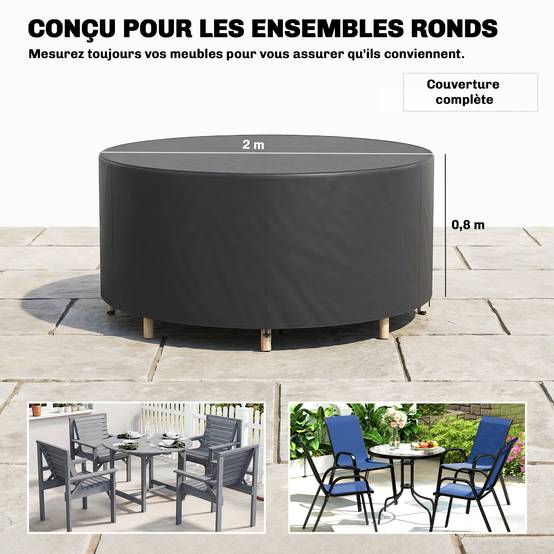 Housse de mobilier de jardin imperméable pour table ronde, tissu Oxford 420D pour jardin extérieur, Ø200 x 80 cm, noir - Image 5