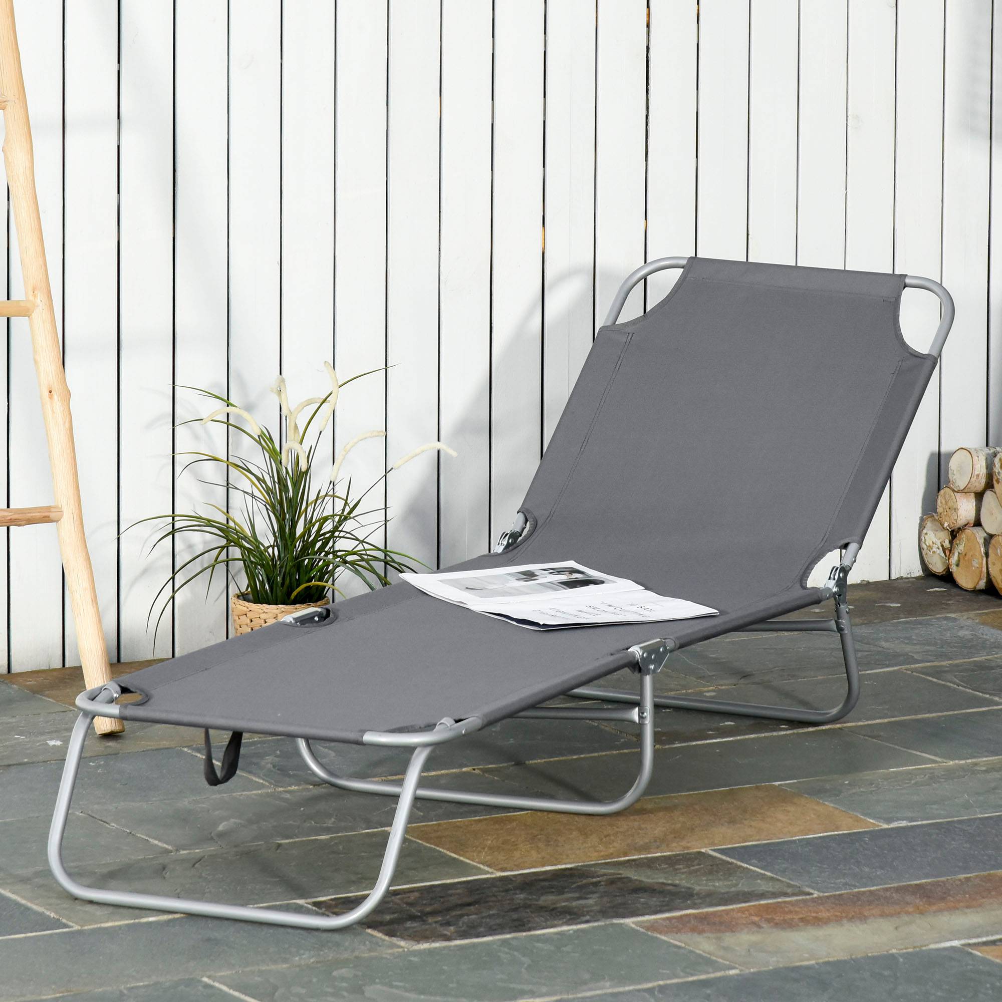 Transat pliant gris avec dossier inclinable 5 positions, assise tissu Oxford respirant, 187×55×24cm, plage piscine jardin - Image 2