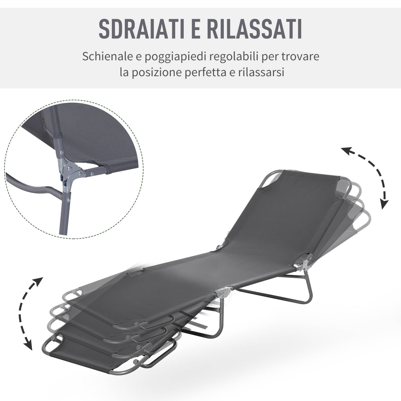 Transat pliant gris avec dossier inclinable 5 positions, assise tissu Oxford respirant, 187×55×24cm, plage piscine jardin - Image 5