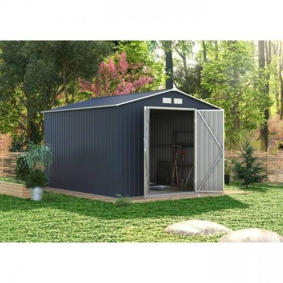 Sans Marque - Abri de jardin en métal 8,84 m² - 277 x 319 x 202 cm - VELASCO - Kit d'ancrage inclus, 2 portes battantes - Gris - Image 2