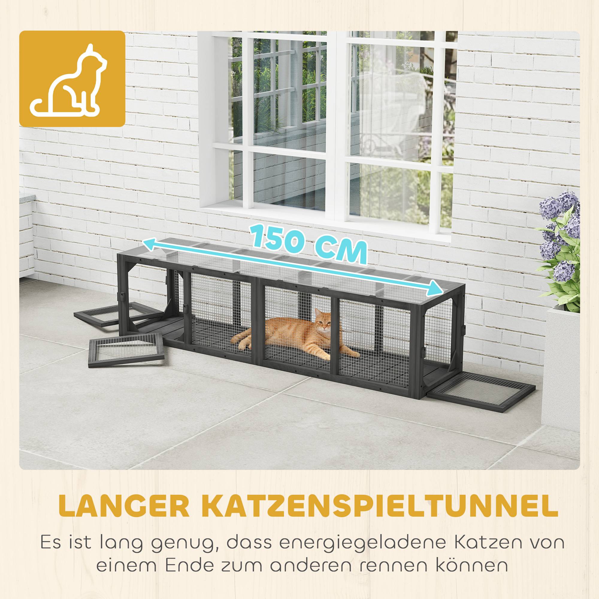 ComfortXL - Tunnel pour chat extérieur en sapin gris 151,5 x 38,5 x 40 cm modulable avec 3 portes pour chats jusqu’à 10 kg - Image 7