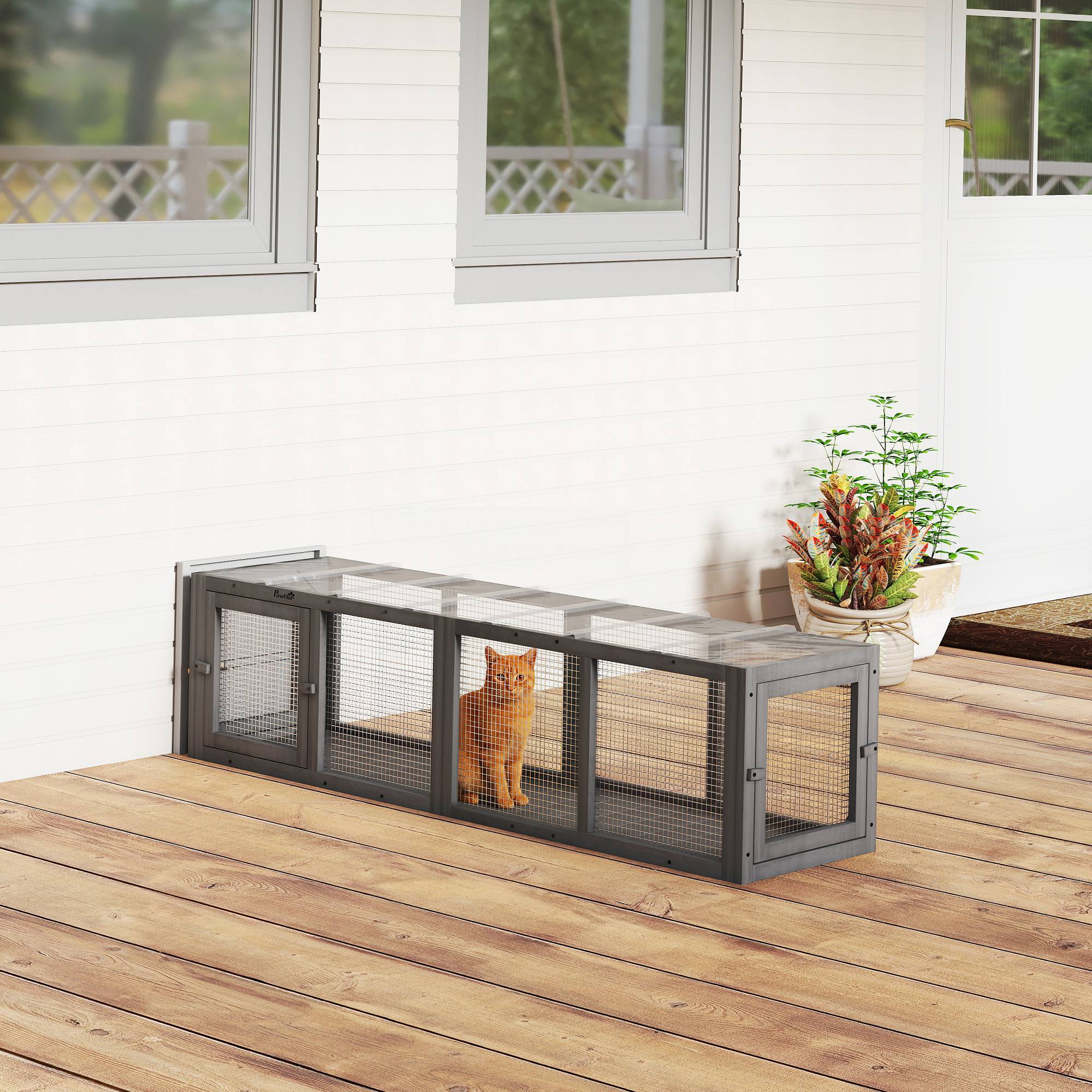 ComfortXL - Tunnel pour chat extérieur en sapin gris 151,5 x 38,5 x 40 cm modulable avec 3 portes pour chats jusqu’à 10 kg