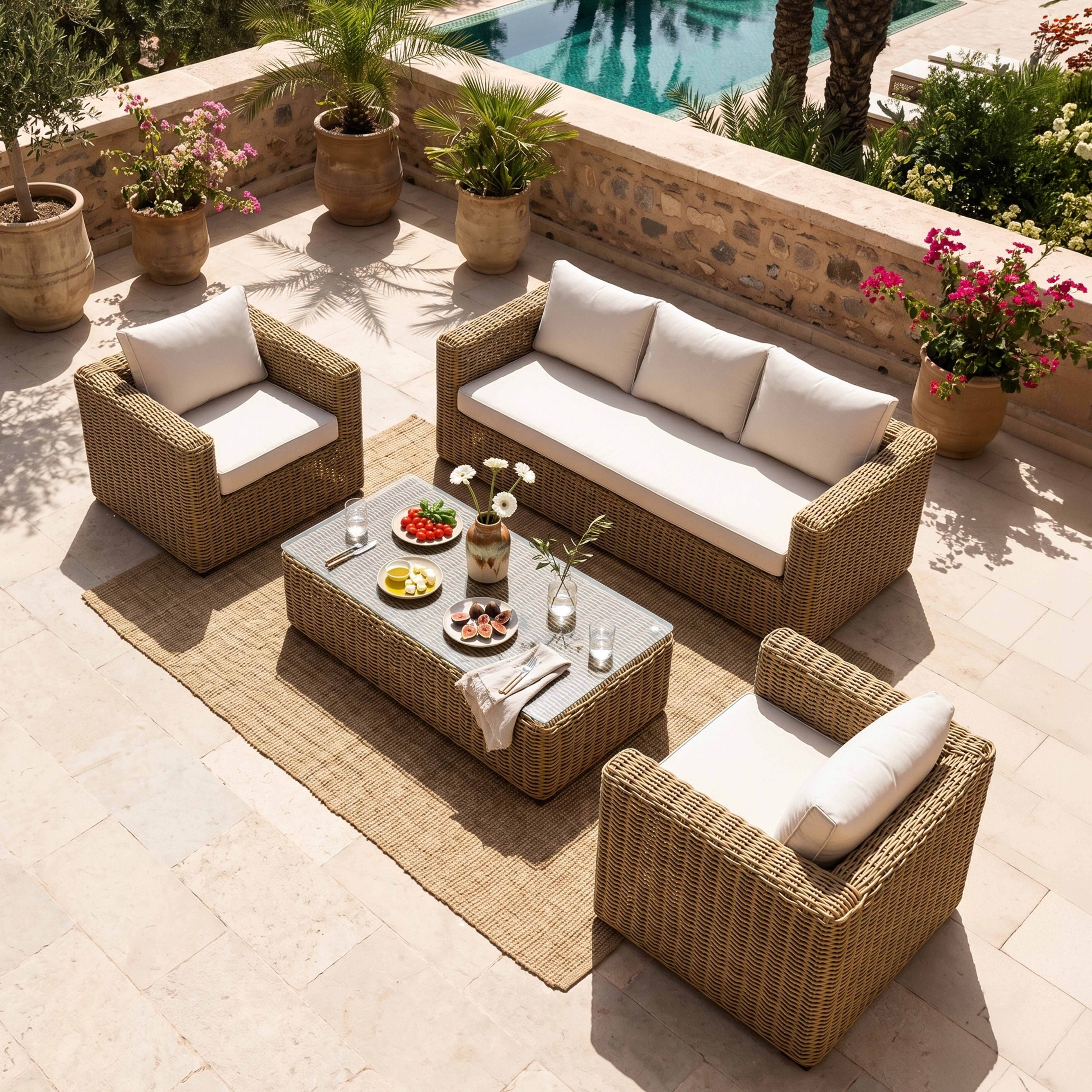 Oviala - Salon de jardin 5 places en résine tressée écru Zanzibar - Oviala - Imagen 2