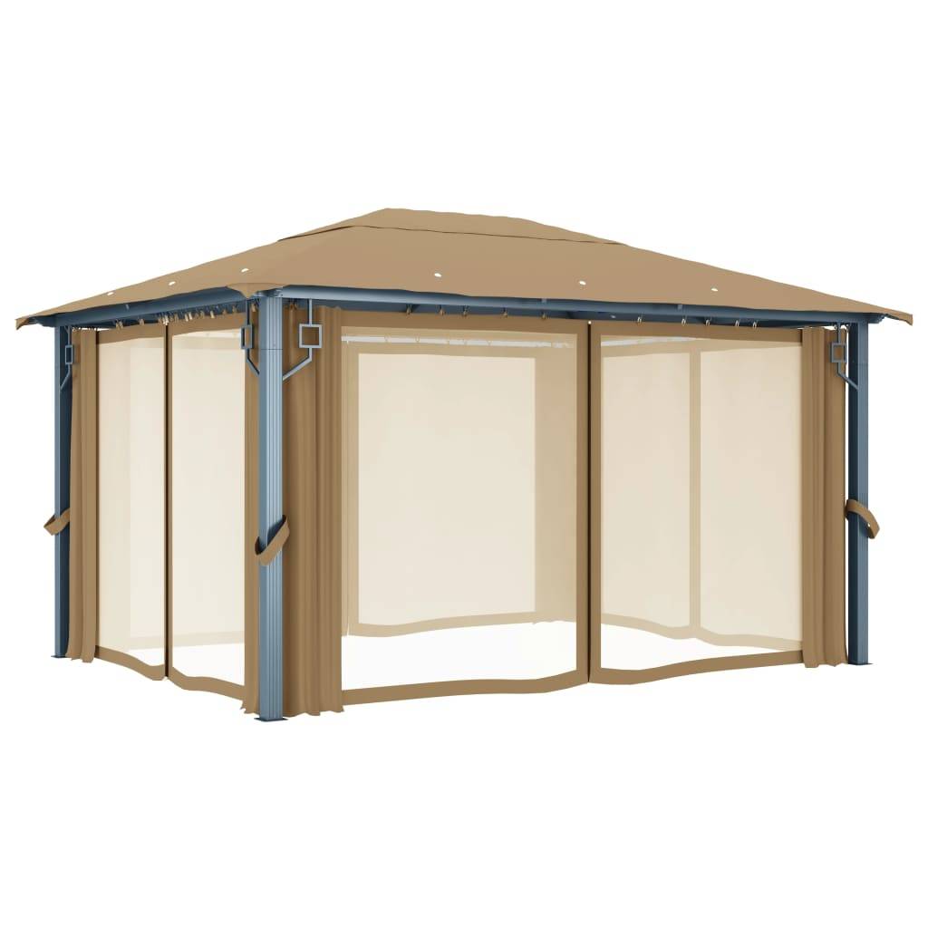 Pavillon de Jardin Aluminium avec Rideaux et Moustiquaires Tonnelle pour Fête Taupe 4x3 m – ComfortXL Outdoor Living - Image 4