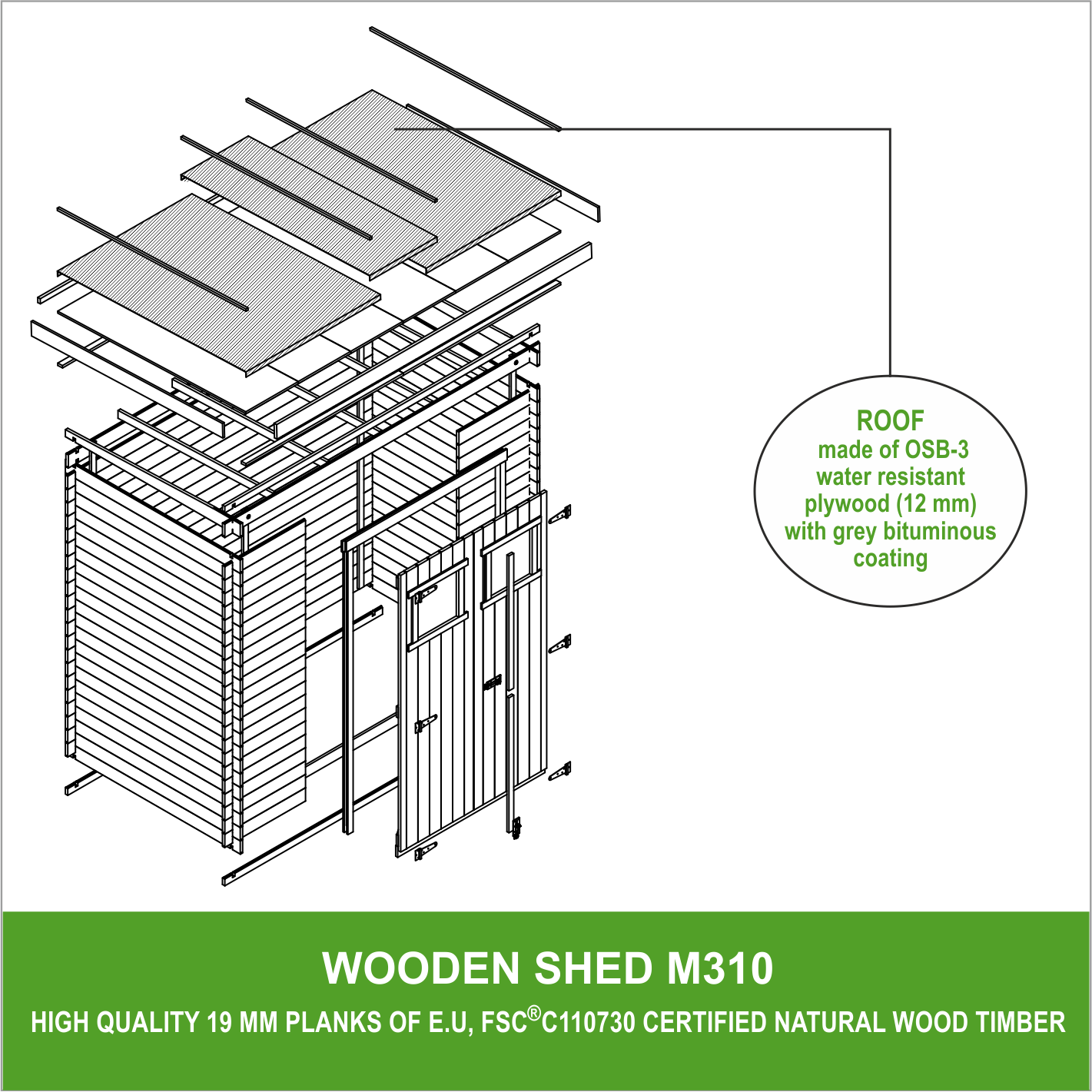 Timbela - Abri de jardin en bois l239xL142xH200cm/2.63 m² - Stockage extérieur - Petit abri à outils, Local à vélos - 19 mm d’épaisseur - Timbela M310 - Imagen 8