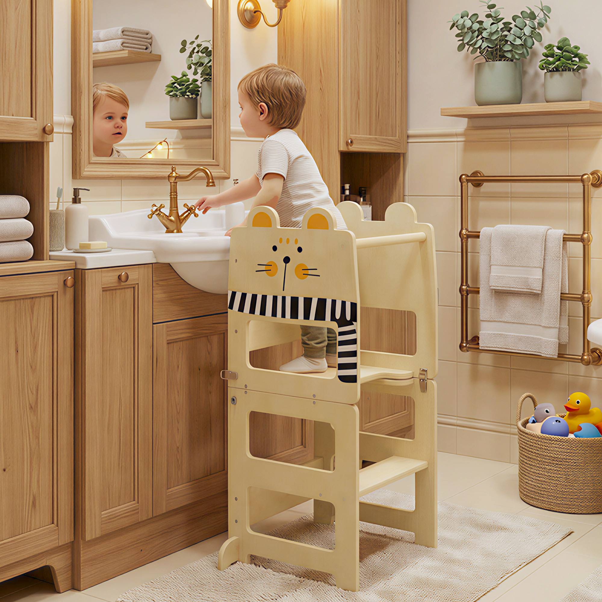Tour d'apprentissage pliable 3 en 1 transformable en bureau et chaise, avec tableau noir et motif chat naturel - Image 3