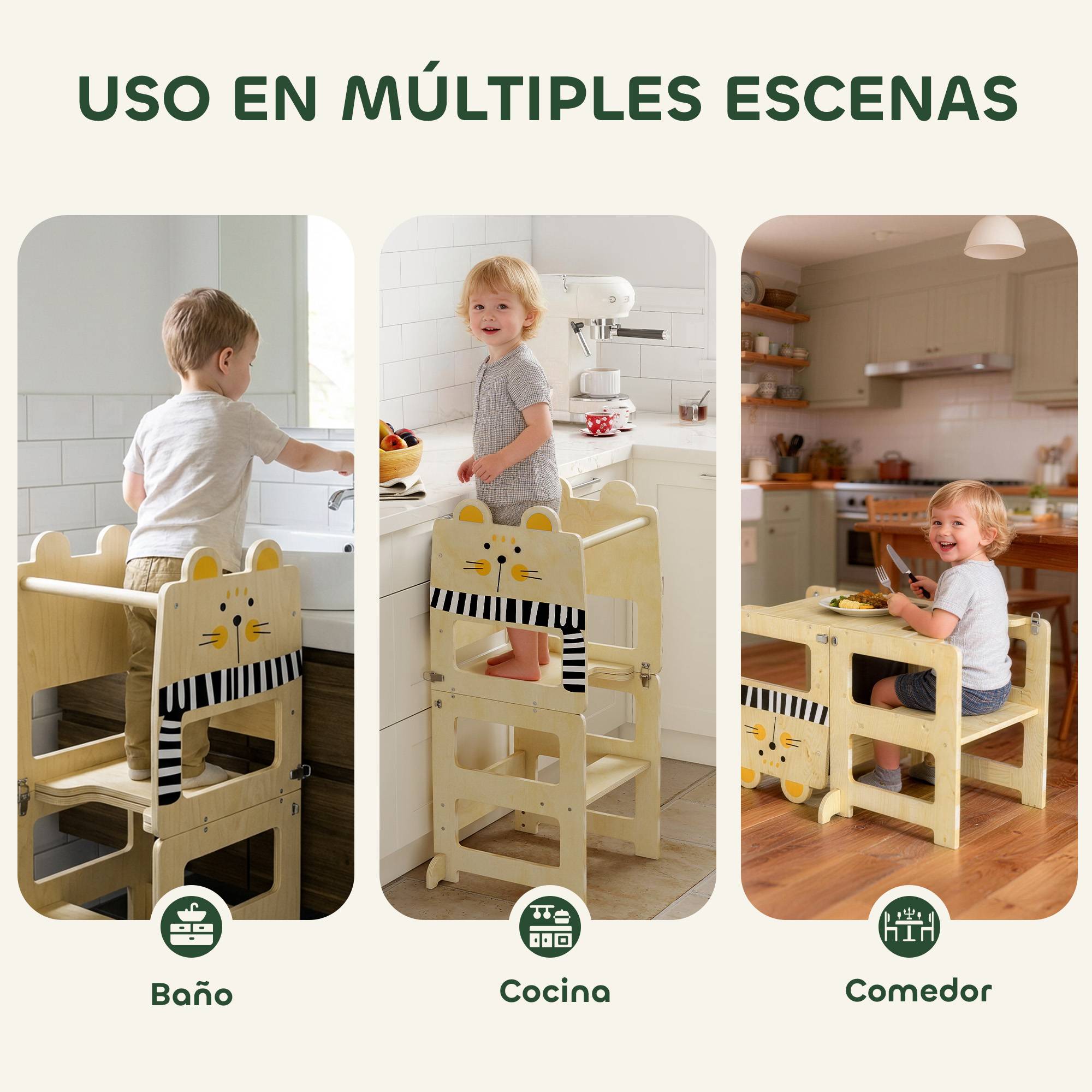 Tour d'apprentissage pliable 3 en 1 transformable en bureau et chaise, avec tableau noir et motif chat naturel - Image 8