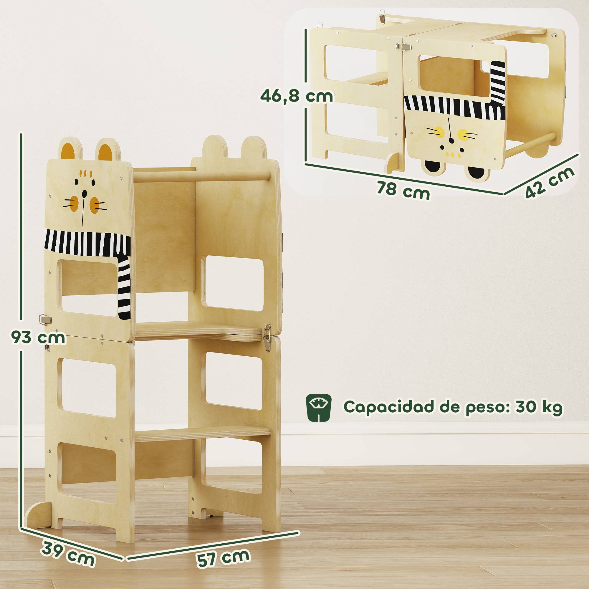 Tour d'apprentissage pliable 3 en 1 transformable en bureau et chaise, avec tableau noir et motif chat naturel - Image 5