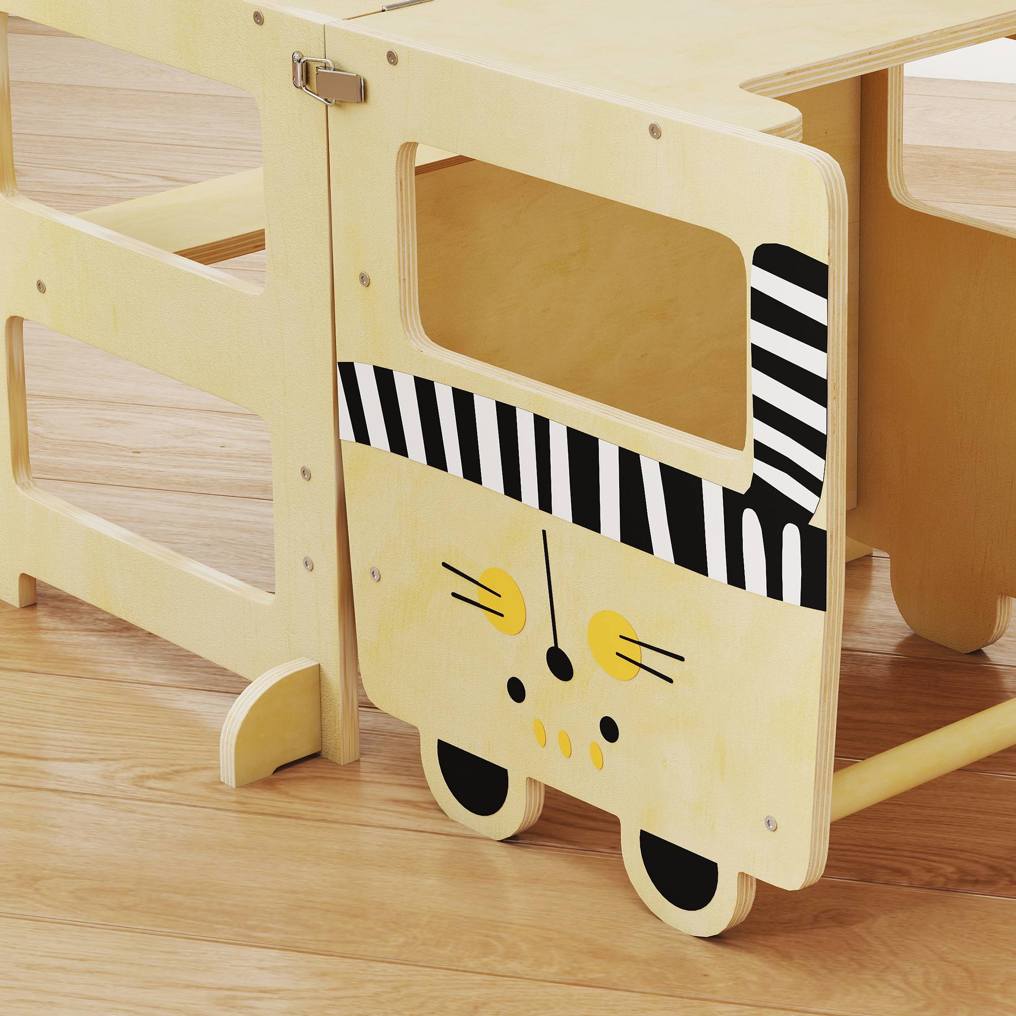 Tour d'apprentissage pliable 3 en 1 transformable en bureau et chaise, avec tableau noir et motif chat naturel - Image 10