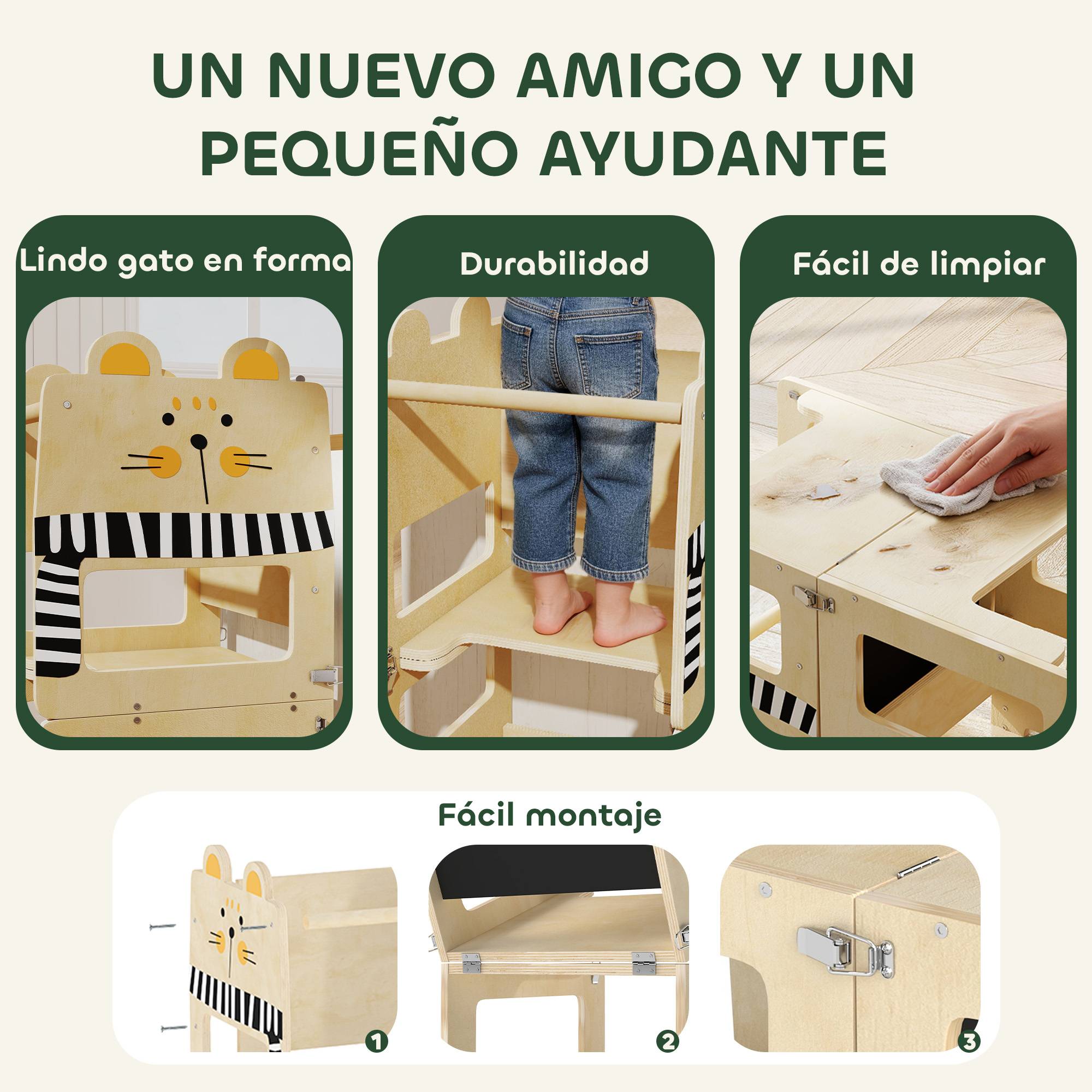 Tour d'apprentissage pliable 3 en 1 transformable en bureau et chaise, avec tableau noir et motif chat naturel - Image 9