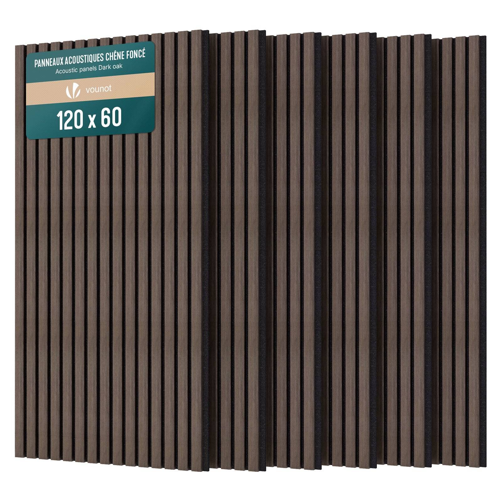 Vounot - Lot de 6 panneaux acoustiques muraux Tasseaux en bois MDF avec feutre noir 120x60x2.1cm chêne foncé