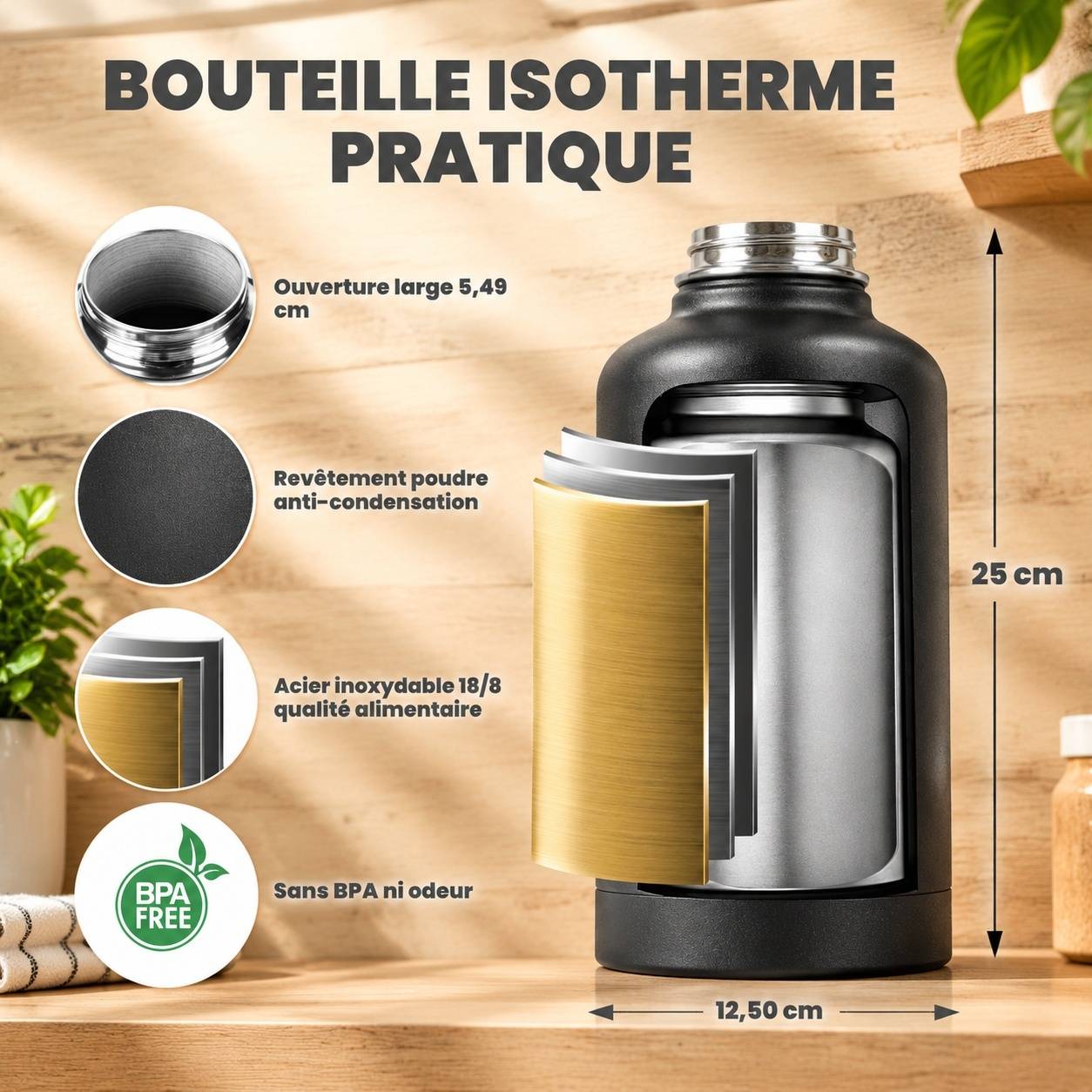 Bouteille Isotherme Acier Inoxydable 2L, Étanche, 48h Froide 24h Chaud - Image 5