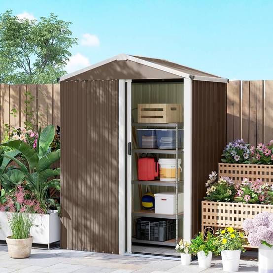 Remise de jardin extérieure 1,1 m² 136x87x176 cm porte coulissante toit incliné gants marron - Image 10