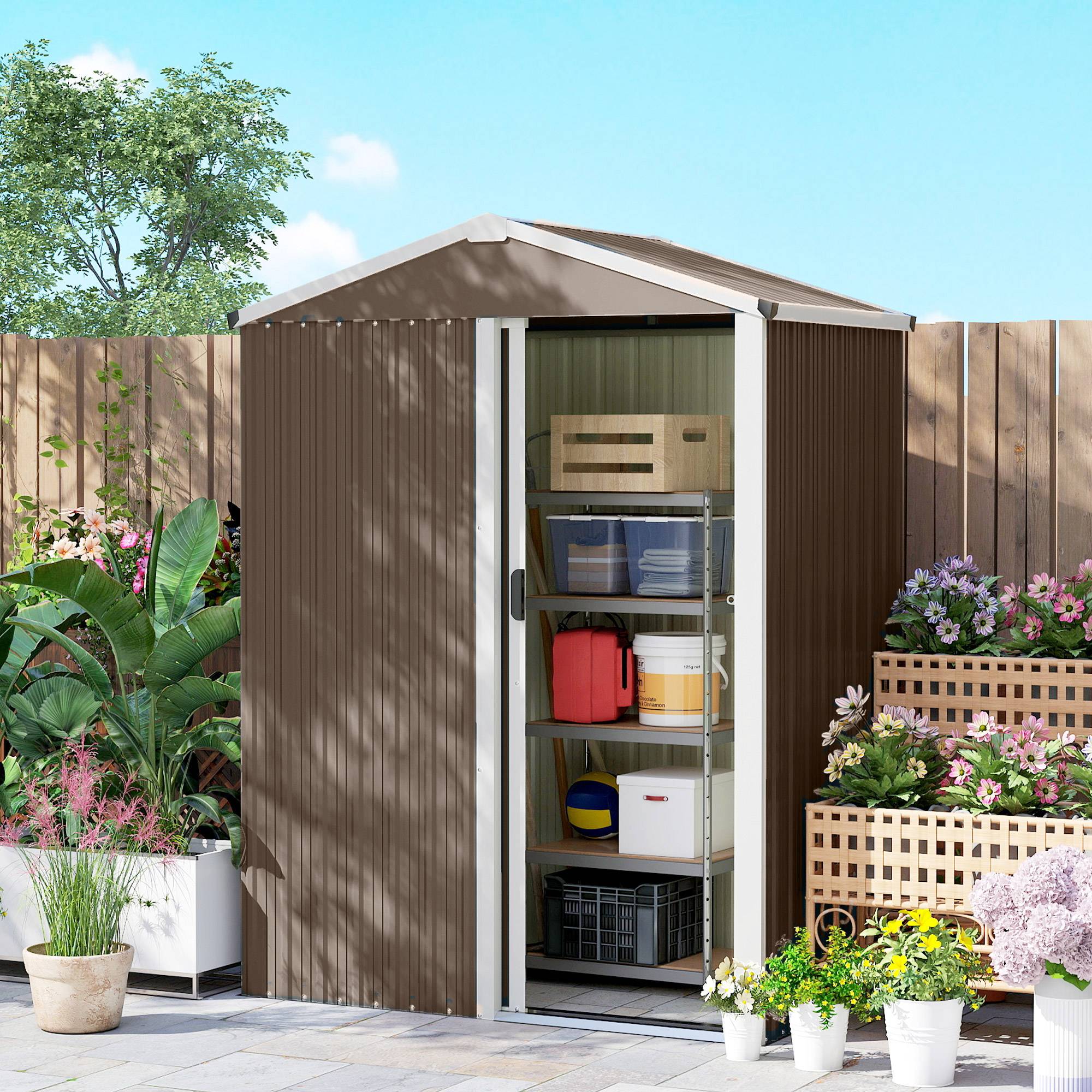 Remise de jardin extérieure 1,1 m² 136x87x176 cm porte coulissante toit incliné gants marron - Image 10