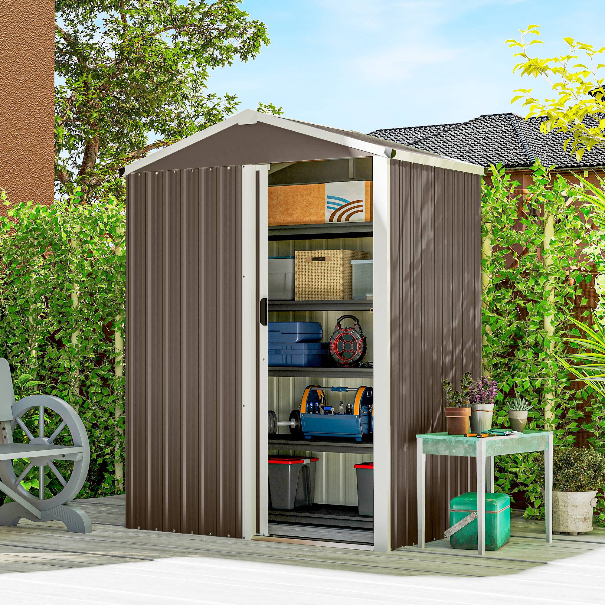 Remise de jardin extérieure 1,1 m² 136x87x176 cm porte coulissante toit incliné gants marron - Image 3