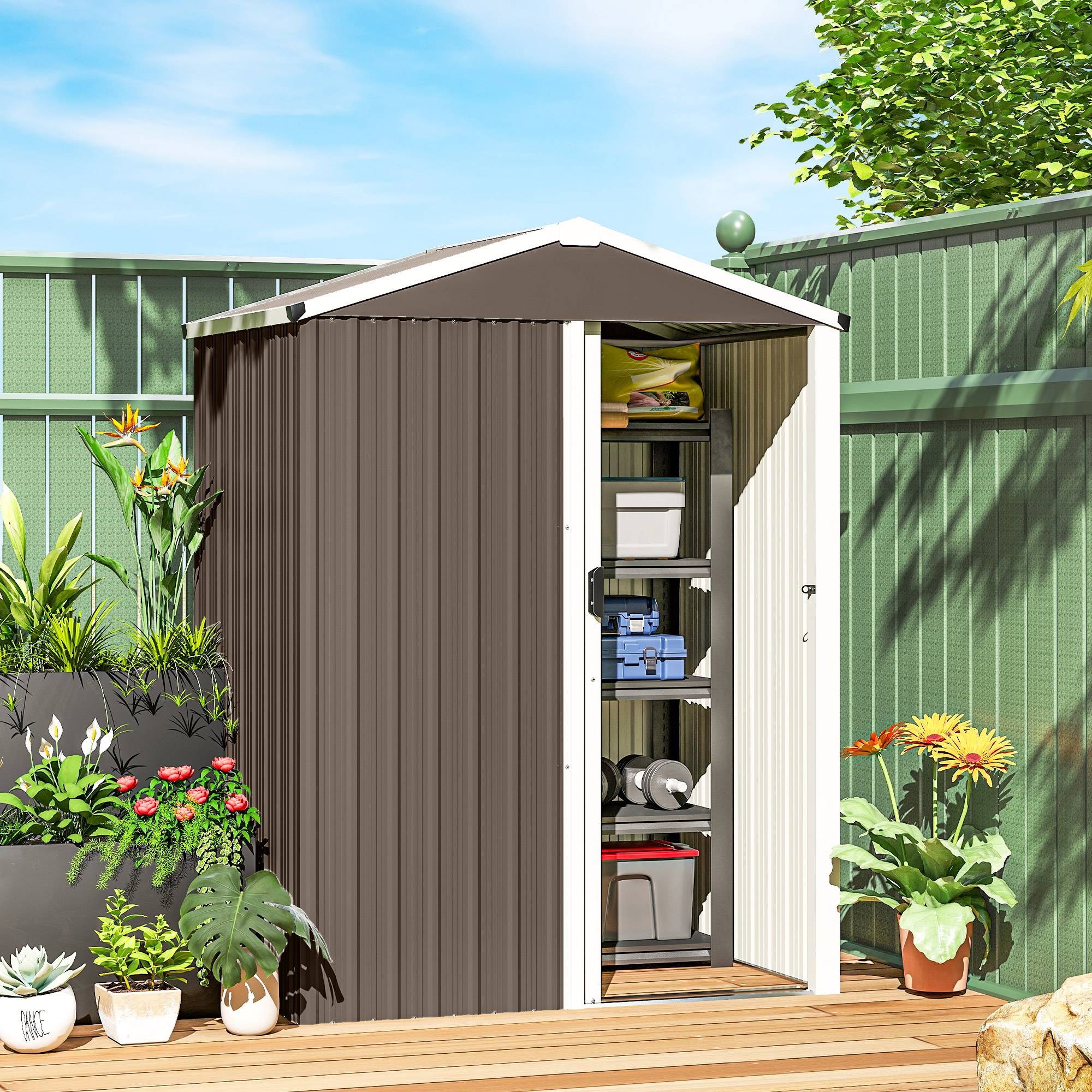 Remise de jardin extérieure 1,1 m² 136x87x176 cm porte coulissante toit incliné gants marron - Image 4