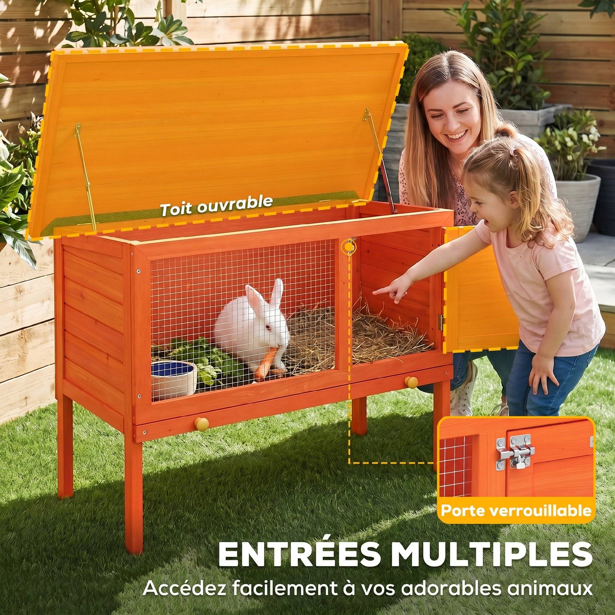 Clapier Lapin Extérieur en Bois, Toit Ouvrable en Asphalt et Plateau Coulissant, Design Surélevé, 90x45x65cm, Orange - Image 7