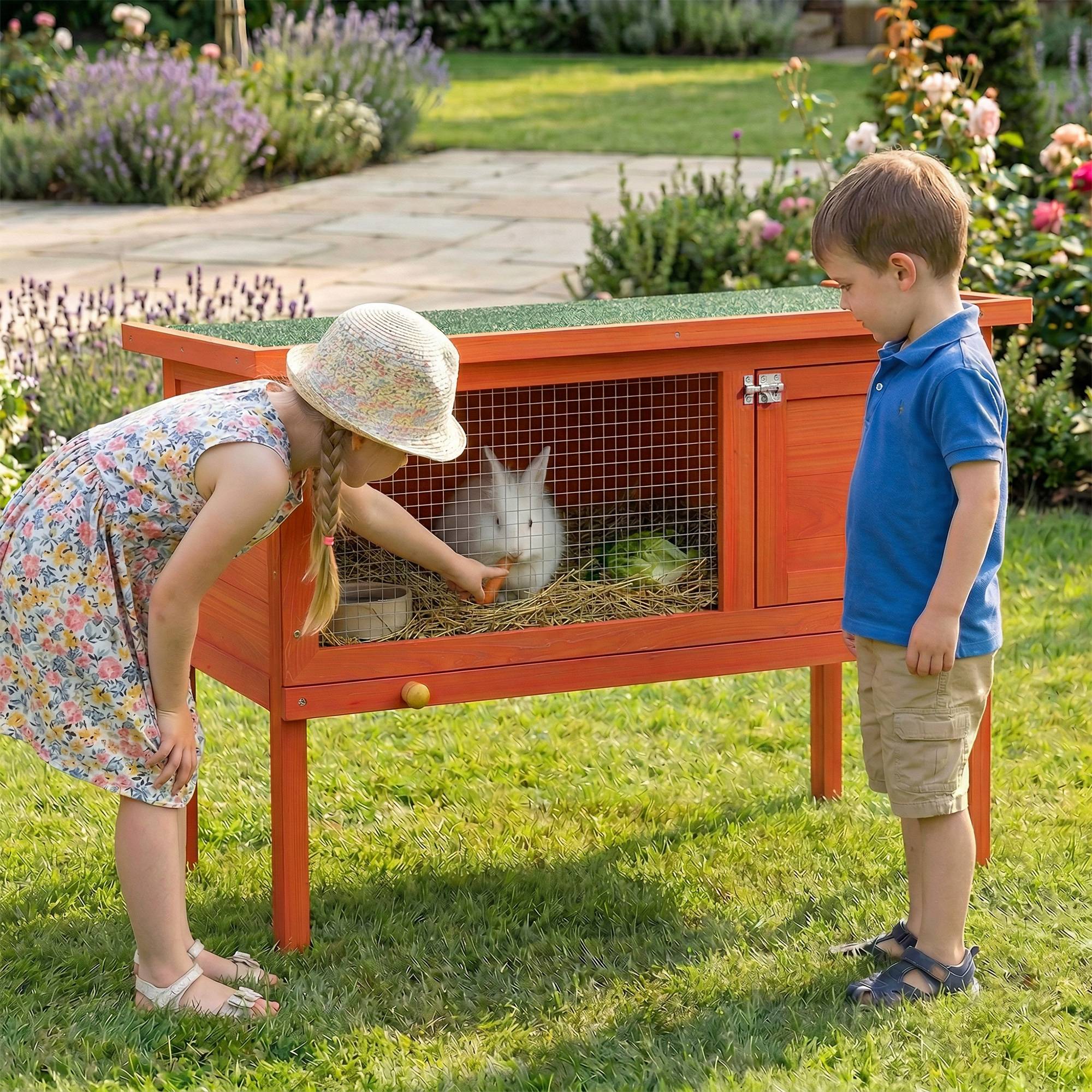 Clapier Lapin Extérieur en Bois, Toit Ouvrable en Asphalt et Plateau Coulissant, Design Surélevé, 90x45x65cm, Orange - Image 4