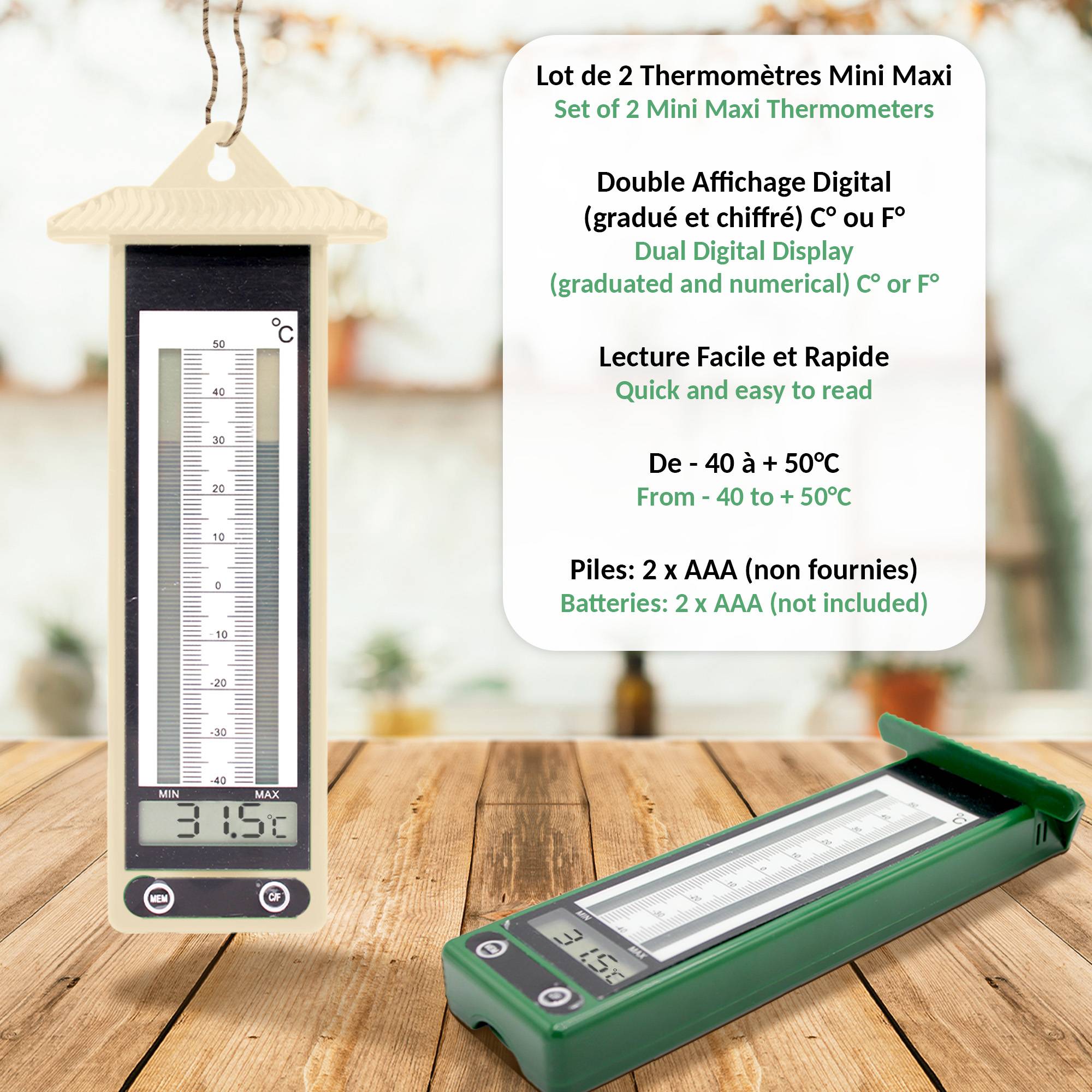Fishtec - Lot de 2 Thermomètres Digitaux Extérieurs Mini Maxi LCD - Fixation murale facile - Image 3