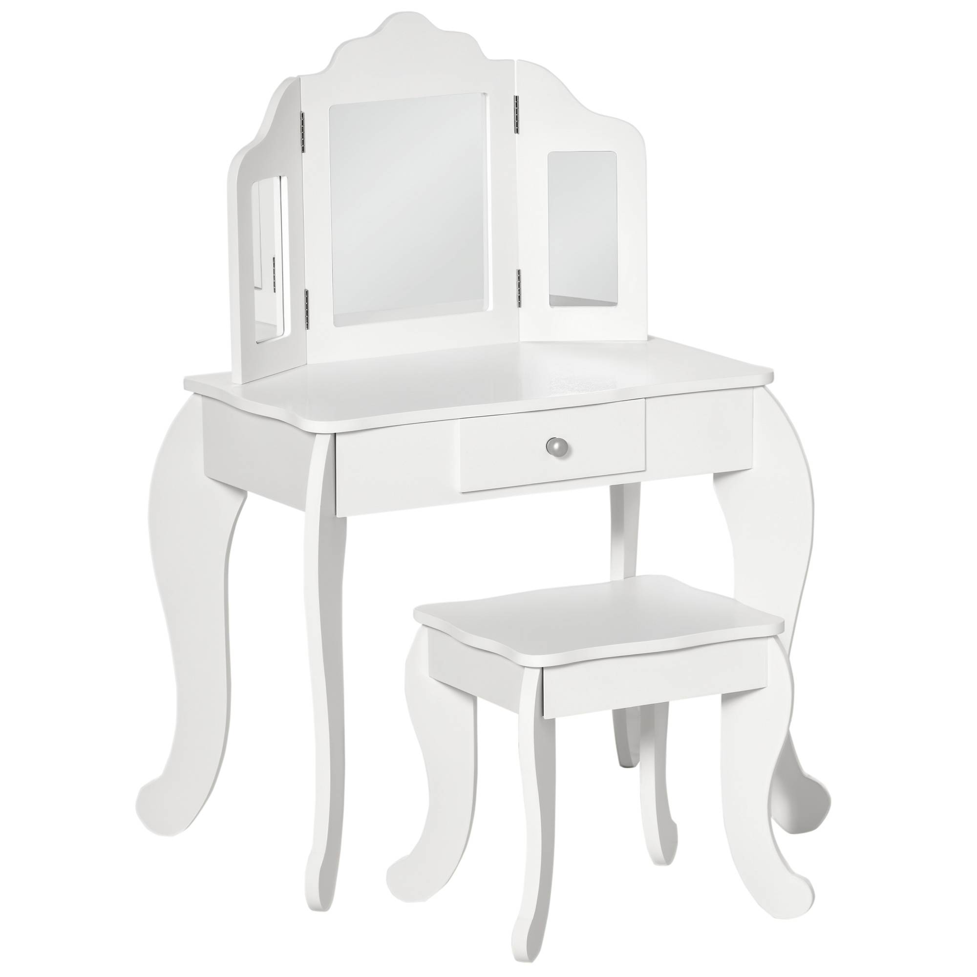 Sans Marque - Coiffeuse Enfant avec Tabouret, Coiffeuse Bureau 2 en 1 Miroir triptyque et tiroir Coulissant Blanc Acrylique - Image 1