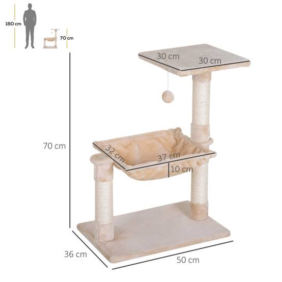 Arbre à chat 70 cm avec hamac en peluche et poteau griffoir en sisal beige – ComfortXL Pet Living - Image 3