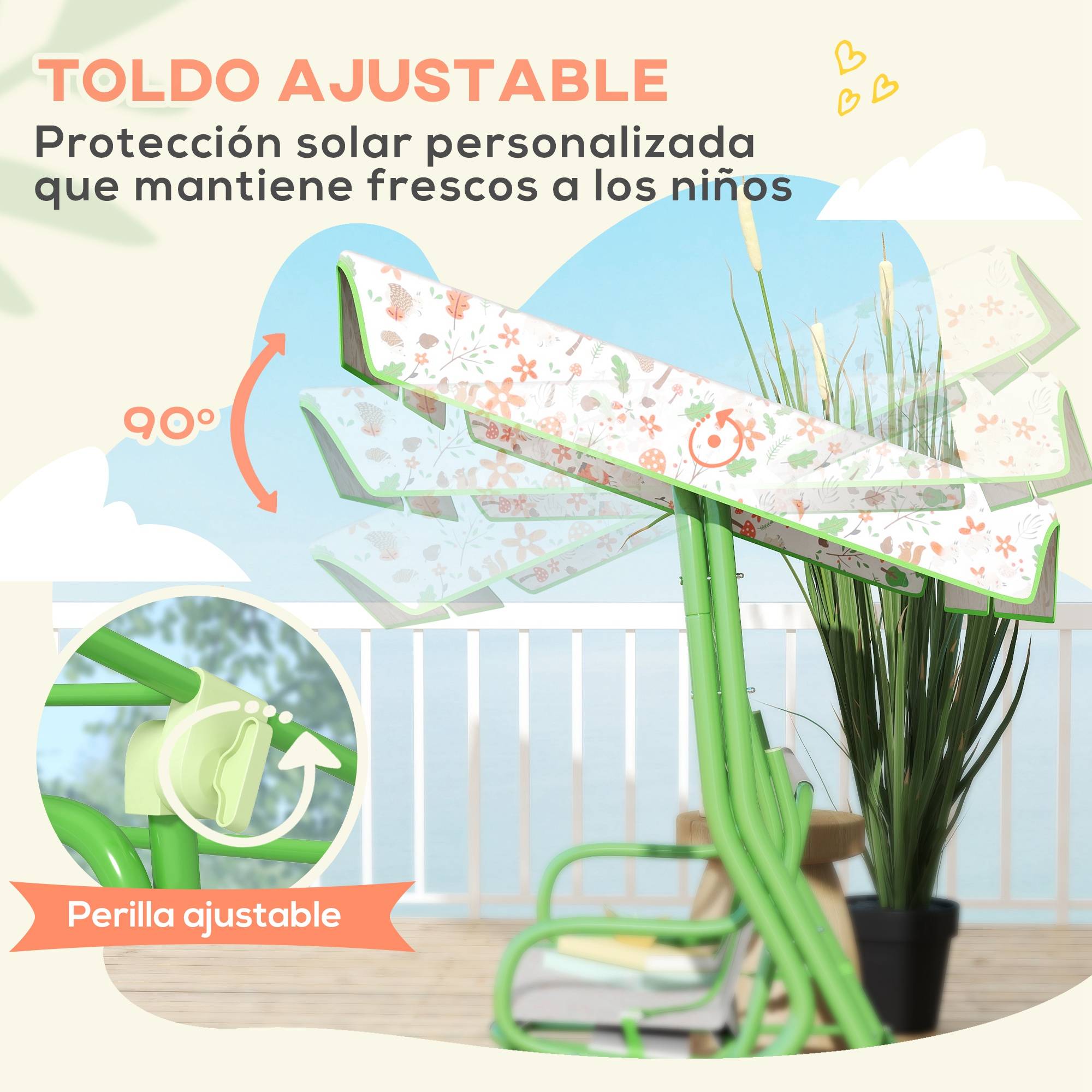Balançoire de jardin extérieure pour enfants de 3 ans et plus, avec auvent réglable et harnais de sécurité, 112 x 75 x 120 cm, verte - Image 7