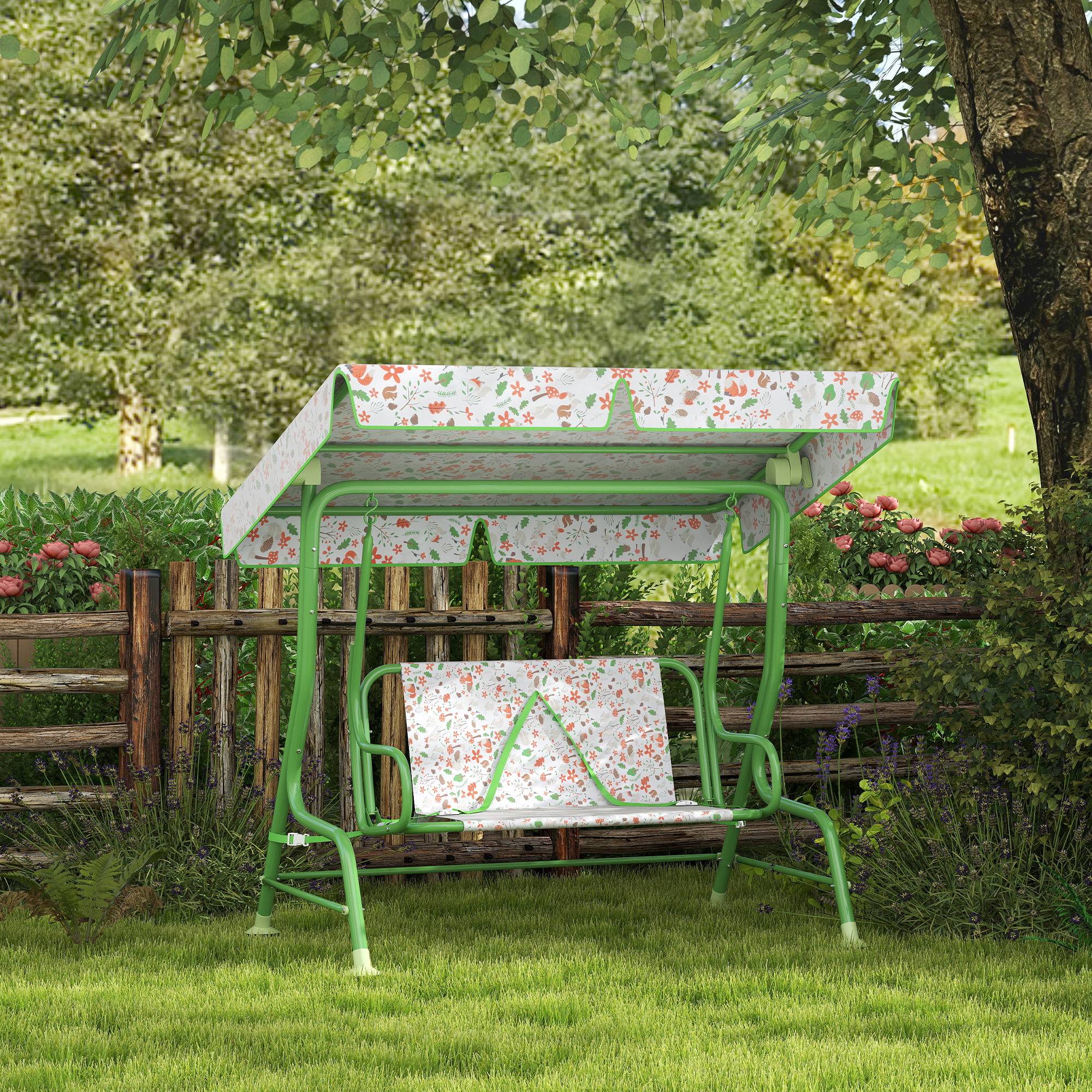 Balançoire de jardin extérieure pour enfants de 3 ans et plus, avec auvent réglable et harnais de sécurité, 112 x 75 x 120 cm, verte - Image 4
