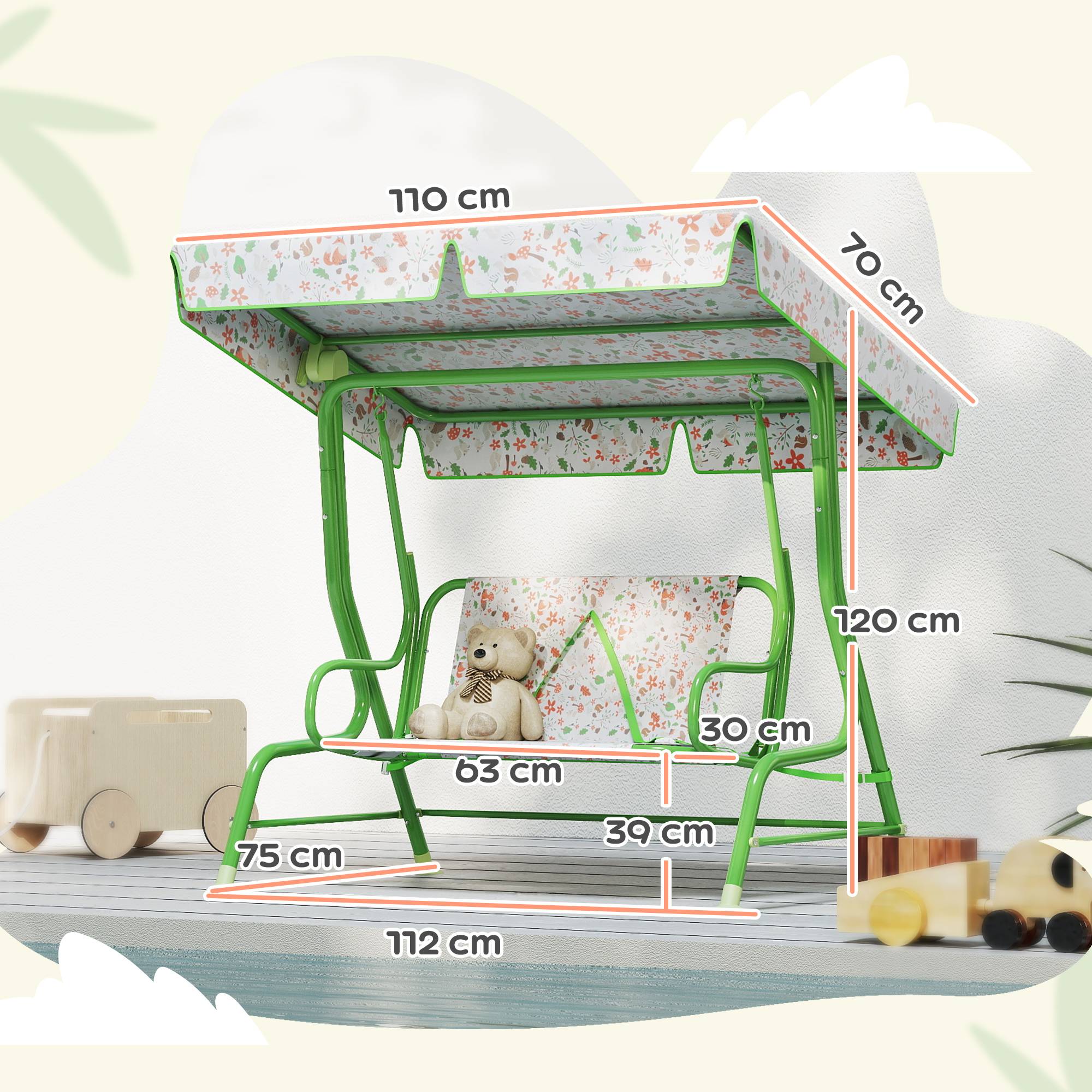 Balançoire de jardin extérieure pour enfants de 3 ans et plus, avec auvent réglable et harnais de sécurité, 112 x 75 x 120 cm, verte - Image 5