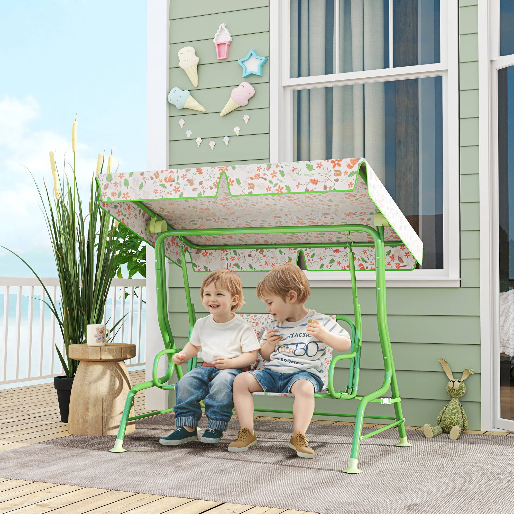 Balançoire de jardin extérieure pour enfants de 3 ans et plus, avec auvent réglable et harnais de sécurité, 112 x 75 x 120 cm, verte - Image 3